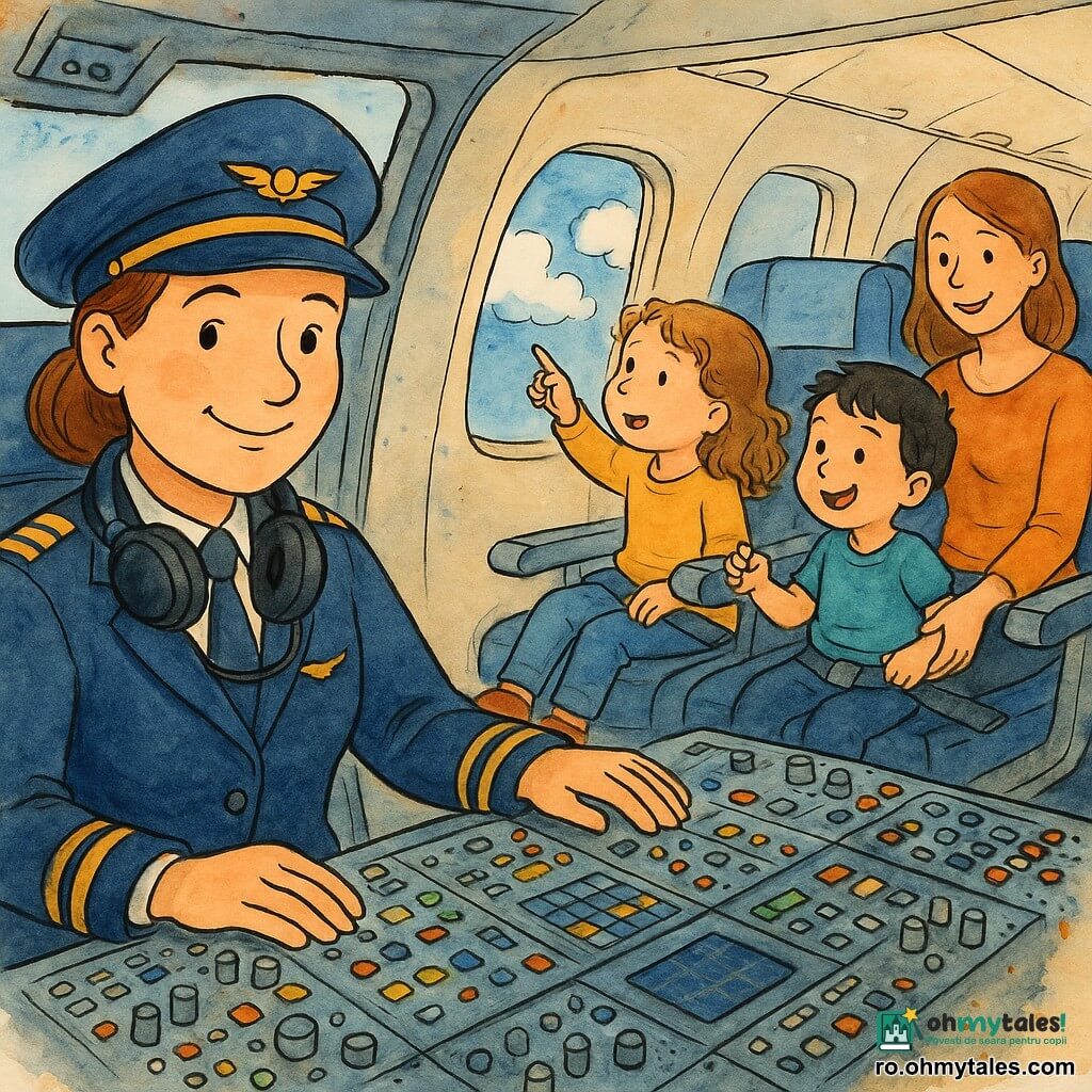 Pilotă ~35 ani, zâmbitoare, uniformă bleumarin cu galoni aurii, cască la gât, mâinile pe bord, atitudine calmă și mândră; fetiță ~6 ani, păr creț castaniu deschis, fascinată la hublou din spatele pilotei, arătând spre nori; băiețel ~4 ani, păr scurt negru, ține mâna mamei și sare ușor pe scaun, lângă fetiță; mamă ~30 ani, ten deschis, zâmbet cald, pune centura băiețelului, așezată două rânduri în spate; interior cockpit și cabină cu panouri, butoane colorate și ecrane, hublouri cu nori albi și cer albastru; situație: pilota vorbește la microfon, cabină liniștită și sigură, atmosferă caldă și colaborativă.