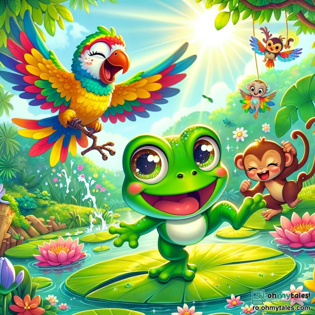 O broască veselă numită Răzvan, cu o piele verde strălucitoare și ochi mari și rotunzi plini de excitație, sare cu entuziasm pe o frunză mare de nufăr, înconjurată de flori colorate. Lângă el, un papagal colorat numit Miki, cu pene roșii, galbene și albastre, zboară în cercuri, râzând și încurajându-l pe Răzvan să construiască castelul lor din frunze. Mai departe, o maimuță jucăușă numită Lala, cu blană brună și ochi șireți, se leagănă de pe o ramură pe alta, pregătită să-i ajute în aventură. Scena se desfășoară într-o junglă luxuriantă, plină de frunziș verde, flori strălucitoare și raze de soare filtrându-se printre copaci, creând o atmosferă magică și veselă. Răzvan și prietenii săi construiesc un castel din frunze, dansând și distrându-se, ilustrând spiritul de prietenie și creativitate.