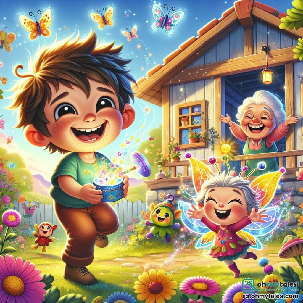 Un băiat de 4 ani, Andrei, cu părul brun zbârlit și ochii strălucind de curiozitate, este în centrul imaginii, râzând cu poftă în timp ce ține o cutie magică care emană un nor de fum colorat. Lângă el, un spiriduș numit Zâmbilici, un personaj mic și vesel cu o pălărie mare colorată și aripi strălucitoare, face un gest magic cu bagheta sa, creând jucării care dansează în jurul lor. În fundal, bunica lui Andrei, o femeie în vârstă cu părul argintiu și un zâmbet cald, stă pe pragul casei, râzând de scenă în timp ce privește florile care dansează în grădină. Locul este o grădină minunată, plină de flori strălucitoare, fluturi zburând și o casă din lemn rustic, sub un cer albastru însorit. Situația principală arată cum Andrei și Zâmbilici se distrează împreună, înconjurați de jucării animate și flori dansante, creând o atmosferă veselă și magică.