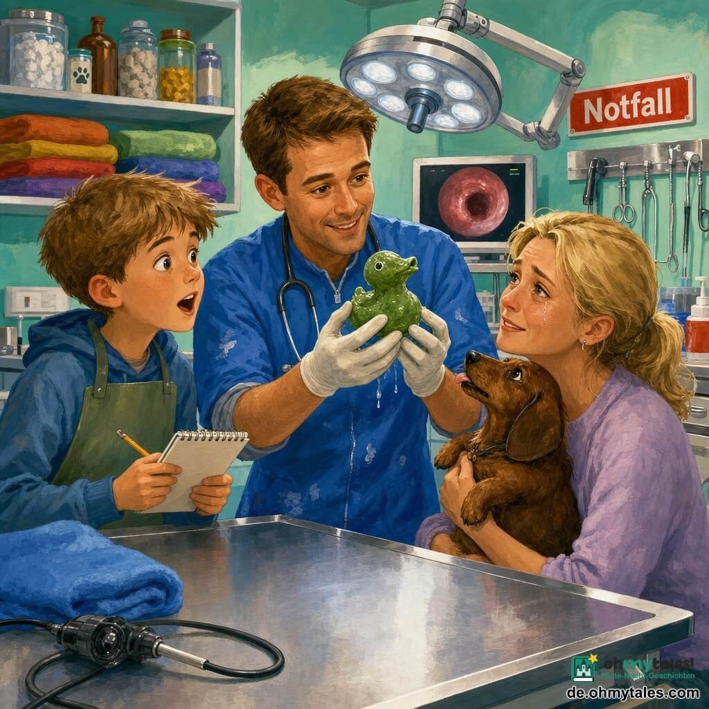 Der warmherzige, konzentrierte Tierarzt Jonas mit kurzen braunen Haaren und blauer, leicht weiß befleckter Klinikjacke hält behutsam ein nasses grünes Gummispielzeug mit Handschuhen wie einen kleinen Sieg; links steht der etwa 12-jährige Tim mit hellbraunen Haaren, großer neugieriger Augen, zu großem Kittel, Notizbuch und Stift, den Mund offen vor Staunen; rechts kniet Frau Lenz mit zusammengebundenen blonden Haaren, erleichtert und mit diskreten Tränen, und hält ihren kleinen braunen Dackel Bruno mit müden, flehenden Augen und leicht heraushängender Zunge, der zum Spielzeug blickt; helle Untersuchungszimmerwände in Mint, glänzender Stahltisch, Regale mit Gläsern und bunten Decken, ein „Notfall“-Schild und eine Gelenk-Lampe über der Szene — Moment direkt nach einer erfolgreichen Endoskopie, zärtliche, farbenfrohe Atmosphäre mit Lichtreflexen auf Metall und nassem Gummi.