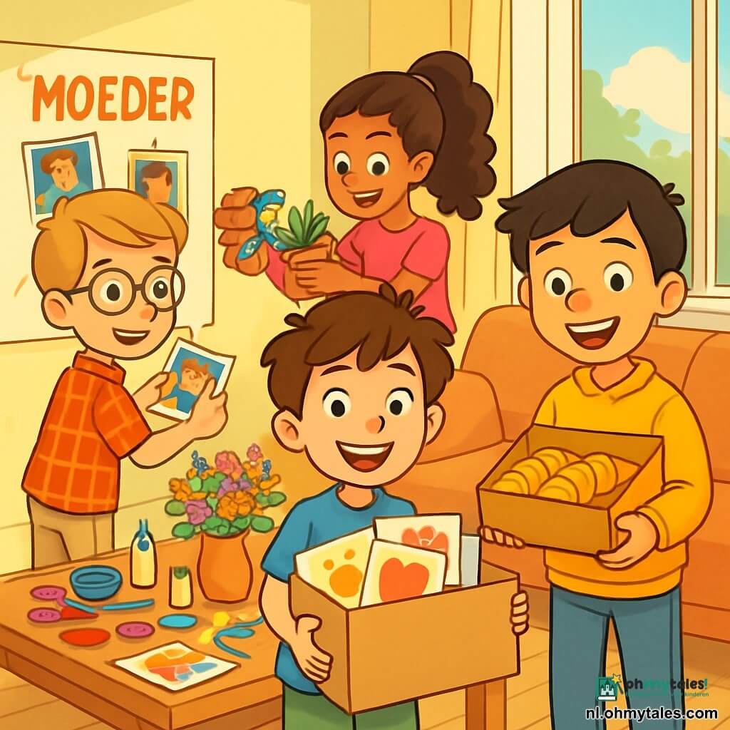 Er zijn 4 personages: - Finn: een 9-jarig jongen met rommelig bruin haar en nieuwsgierige ogen. Hij draagt een blauwe t-shirt en groene shorts, en staat in het midden met een grote doos vol tekeningen. - Bram: een 10-jarig jongen met ronde bril en goed gekamd blond haar. Hij is gekleed in een rood geruit shirt en beige broek, en staat links van Finn, bezig met het plakken van foto's op een groot bord. - Timo: een 9-jarig jongen met zwart haar en sproeten op zijn neus. Hij draagt een gele sweater en een spijkerbroek, en staat rechts van Finn met een doos croissants en een grote glimlach. - Noor: een 10-jarig meisje met lang, krullend haar in een paardenstaart. Ze draagt een roze t-shirt en een spijkerbroek, en staat achter Finn, terwijl ze bloempotten versiert met kleurrijke linten. De situatie speelt zich af in een warme, lichte woonkamer met pastelgele muren. Er is een grote comfortabele bank, een houten salontafel vol kunstbenodigdheden, en een open raam dat zonlicht binnenlaat. Kindertekeningen hangen aan de muur en een boeket wilde bloemen staat in het midden van de tafel. De hoofdactie toont de kinderen die een verrassing voorbereiden voor Moederdag. Ze lachen en zijn druk bezig rond de tafel, foto's plakkend en bloempotten versierend, terwijl een zachte gouden licht de kamer verlicht en een vrolijke, feestelijke sfeer creëert.