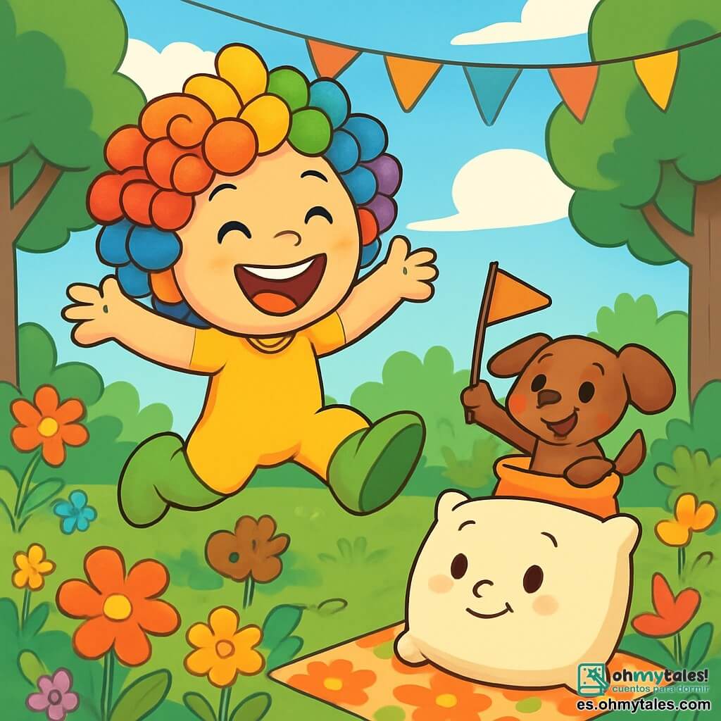 Pelusa, un juguete de peluche con cabello rizado y colorido, irradia alegría con una gran sonrisa en su rostro. Está saltando de felicidad en medio de un jardín soleado, rodeado de flores brillantes y guirnaldas coloridas. A su lado, el pequeño hueso de peluche, con pelaje marrón y ojos chispeantes, mira con una sonrisa traviesa, sosteniendo una pequeña bandera de tela. Está preparando una carrera de sacos, listo para divertirse. La gran almohada, suave y esponjosa, está sentada sobre una manta de flores, con los ojos brillantes de emoción, observando la escena con ternura. El jardín está lleno de colores vivos, con flores de todas las tonalidades, guirnaldas colgando de las ramas de los árboles y un cielo azul brillante. La situación principal muestra a Pelusa y sus amigos preparando una alegre fiesta sorpresa para su mamá, la gran almohada, en un ambiente festivo y cálido.