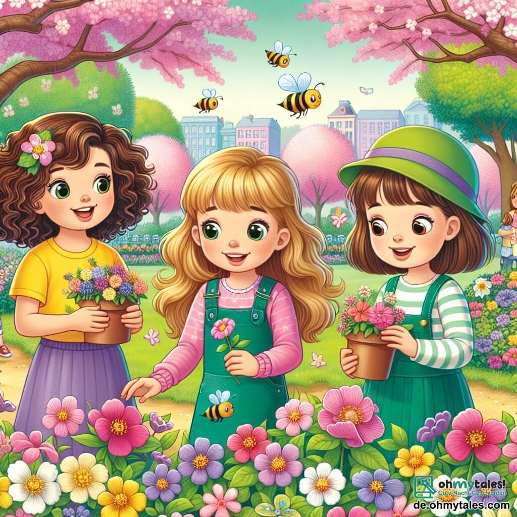 Drei Mädchen, etwa 8 Jahre alt, stehen in einem Park im Frühling. Lena, mit lockigen braunen Haaren und einem gelben T-Shirt, lächelt und hält einen kleinen Blumentopf in den Händen. Links von ihr schaut Mia, mit glatten blonden Haaren in einem rosa Kleid, staunend auf eine Gruppe bunter Blumen. Rechts beobachtet Sophie, mit kastanienbraunen Haaren und einer grünen Mütze, neugierig die Bienen, die um die Blumen fliegen. Der Park ist bunt, mit blühenden Bäumen und einer grünen Wiese, die mit bunten Blumen übersät ist. In der Ferne spielen Kinder und Vögel singen in den Ästen. Die Mädchen entdecken die Schönheit des Frühlings, während sie lernen, Blumen zu pflanzen und die Insekten zu schätzen, die bei der Bestäubung helfen.