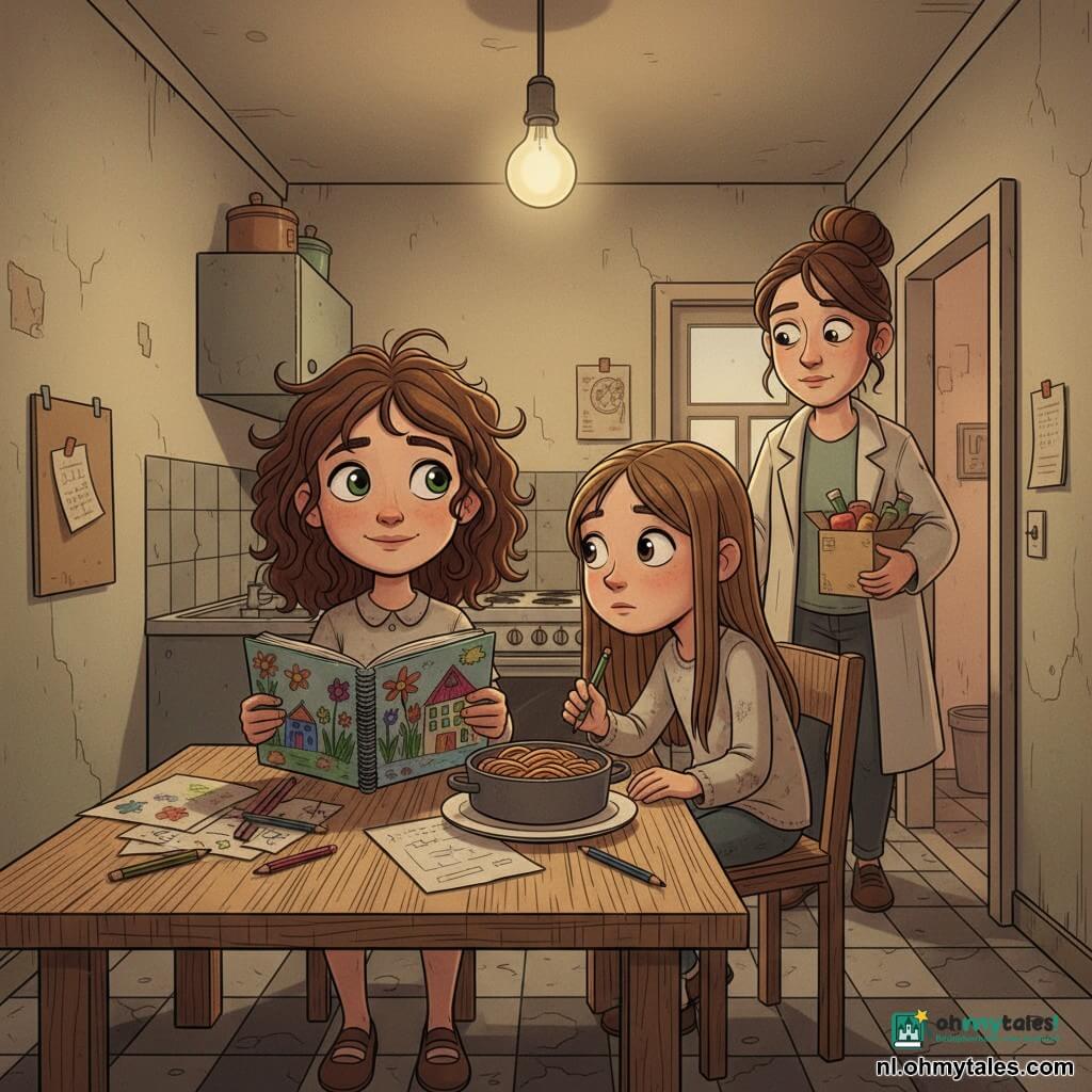 Een 8‑jarige Lotte, glimlachend maar wat melancholisch, warrig krullend bruin haar, heldergroene ogen, eenvoudige lichte versleten jurk, zit aan een lage keukentafel met een kleurrijk schetsboek en een vork; haar moeder (30–40), moe maar teder, haar in een knot, licht mantel over één schouder, staat in de deuropening met een klein provianddoosje; Sara, ook 8, zit op de rand van een stoel, lang steil haar, nieuwsgierige verlegen blik, houdt een potlood vast en leunt naar Lottes schets; de smalle appartementkeuken heeft afgebladderde muren, versleten tegelvloer, gekraste houten tafel, een eenvoudige bord spaghetti, verspreide potloden en papier en warm licht van een hanglamp dat zachte schaduwen geeft; Lotte heeft een bescheiden spaghetti bereid, de tafel gedekt en toont trots haar grote tekening aan de moeder die thuiskomt — tedere, bescheiden en hoopvolle sfeer met contrast tussen versleten texturen en felle tekenskleuren.