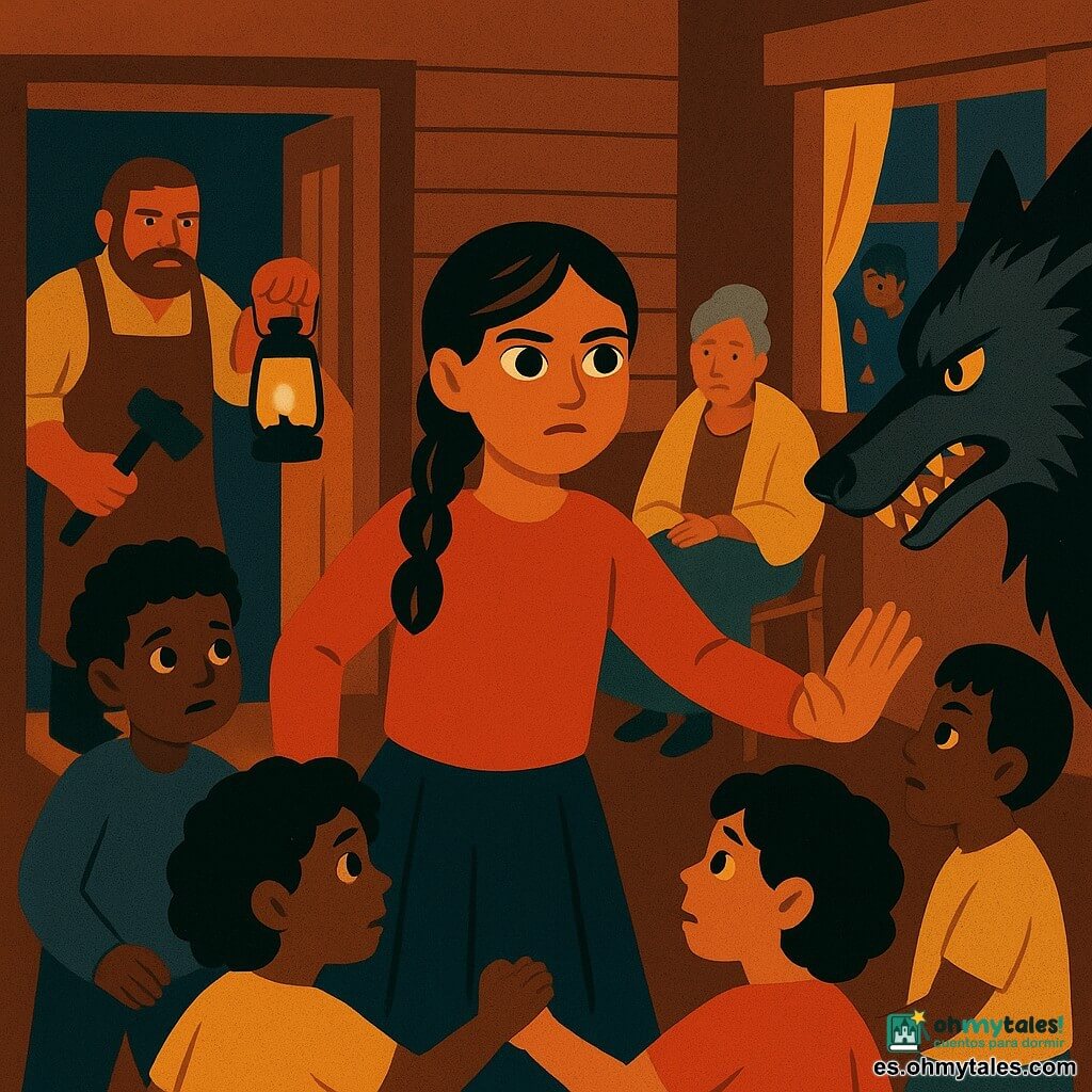 Una niña de 12 años, Inés, con rostro concentrado y valiente, ojos grandes y cabello castaño en trenza, de pie en el centro de un círculo de niños con la palma abierta en actitud protectora; Clara, también unos 12 años, de rizos, sujeta de la mano a un compañero junto a la puerta lista para correr a buscar ayuda; el herrero, hombre de unos 45 años, corpulento, con delantal de cuero, sostiene un gran martillo y una linterna encendida en la ventana iluminando la calle; la señora Lidia, anciana de unos 70 años, cabello gris recogido, sentada al fondo cubierta con una manta, aliviada pero temblorosa; el gran lobo malvado, silueta masiva y garras, pelaje negro y gris, ojos ámbar, amenazante pero sorprendido por la luz; lugar: pequeña casa de madera al final de la calle del pueblo, interior en tonos cálidos, chimenea apagada y una cortina entreabierta que deja pasar una franja de luz amarilla desde la calle brumosa; escena: los niños forman un círculo cerrado en el centro mientras el lobo irrumpe por la puerta y vecinos llegan a la ventana con lámparas, creando una composición dramática de fuertes contrastes entre la sombra fría del lobo y los halos cálidos de las lámparas.