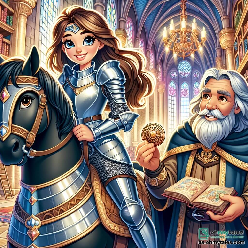 Una valiente caballera, con una armadura brillante y cabellos largos y ondulados, se encuentra orgullosamente sobre su caballo negro, Brío. Su rostro expresa determinación y emoción, con ojos brillantes y una sonrisa confiada. A su lado, un rey anciano, con una larga barba gris y un manto real, le extiende un antiguo medallón, su mirada es benevolente y llena de esperanza. El escenario es una vasta biblioteca medieval, con grandes estanterías de madera llenas de libros antiguos, candelabros de hierro forjado iluminando la sala, y ventanas de vitrales dejando pasar rayos de luz colorida. La situación principal muestra a la caballera lista para partir en aventura, con un mapa antiguo desplegado frente a ella, mientras el rey le entrega el medallón, simbolizando el inicio de su búsqueda del legendario Tesoro de la Luz.