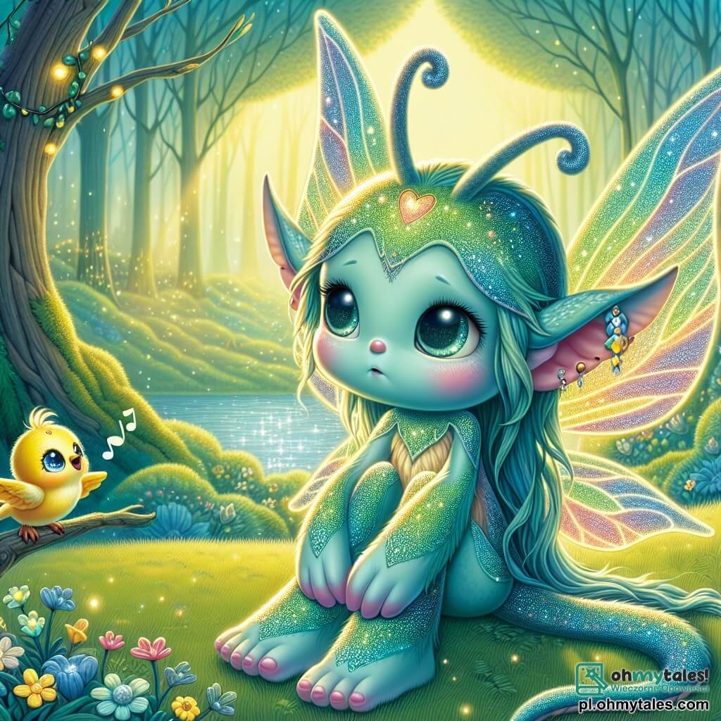 Mały magiczny stworek z długimi uszami motyla, z błyszczącą skórą w odcieniach niebieskiego i zielonego, siedzi na miękkiej trawie, z zamyślonym i trochę smutnym wyrazem twarzy, z zamkniętymi oczami, jakby słuchał szeptów wiatru. Obok niego mały żółty ptaszek z błyszczącym spojrzeniem, siedzący na gałęzi, radośnie śpiewa, próbując pocieszyć swoją przyjaciółkę zachęcającym uśmiechem. Tło to piękny zaczarowany las, w którym drzewa mają liście w kształcie serca, a kwiaty błyszczą w tysiącu kolorów, tworząc magiczną i ciepłą atmosferę. W oddali jezioro błyszczy w słońcu, dodając odrobinę spokoju do tego baśniowego krajobrazu. Scena przedstawia moment, w którym mały magiczny stworek odpoczywa, zdając sobie sprawę, że musi nauczyć się słuchać swojego ciała i dbać o siebie, podczas gdy jego przyjaciel śpiewa, aby przywrócić mu uśmiech.