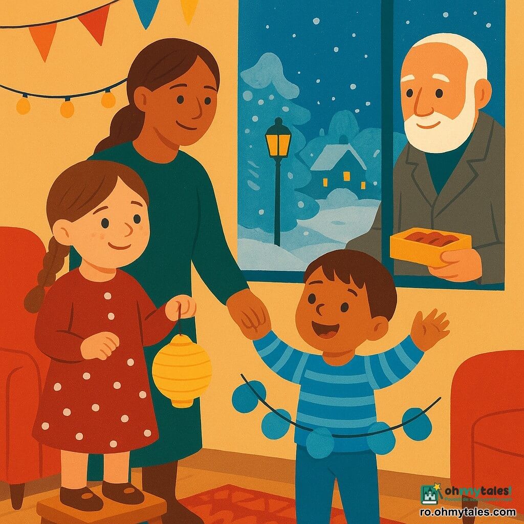 O fetiță de 6 ani, fericită și concentrată, cu față rotundă și pistrui, păr castaniu în două codițe, rochie roșie cu buline albe, stând pe un scaunel din lemn și ținând o felinar de hârtie galben; fratele ei de 4 ani, entuziasmat, păr scurt brun, în pijama în dungi albastre, ține o ghirlandă de hârtie albastră lângă fereastră; mama (30–35 ani), zâmbitoare, păr prins, pulover verde închis, îi ține de mână pe copii și îi privește cu mândrie; un vecin bătrân (~70 ani), calm, cu barbă scurtă albă și palton gri, stă lângă fereastră și oferă o cutie mică cu biscuiți; interior: living cald cu pereți crem, fotolii de catifea roșie, covor tricotat, ghirlande multicolore, lumini calde și o fereastră cu chiciură; exterior: stradă înzăpezită, stâlp de iluminat vechi, copac acoperit de zăpadă și case cu ferestre luminate; toți sunt adunați la fereastră, fiecare ține o lumină mică de hârtie tremurândă, zâmbesc și numără înainte să aprindă ghirlandele — atmosferă caldă și festivă, culori saturate, forme simple, stil poster pentru copii cu contururi moi și texturi minimale.