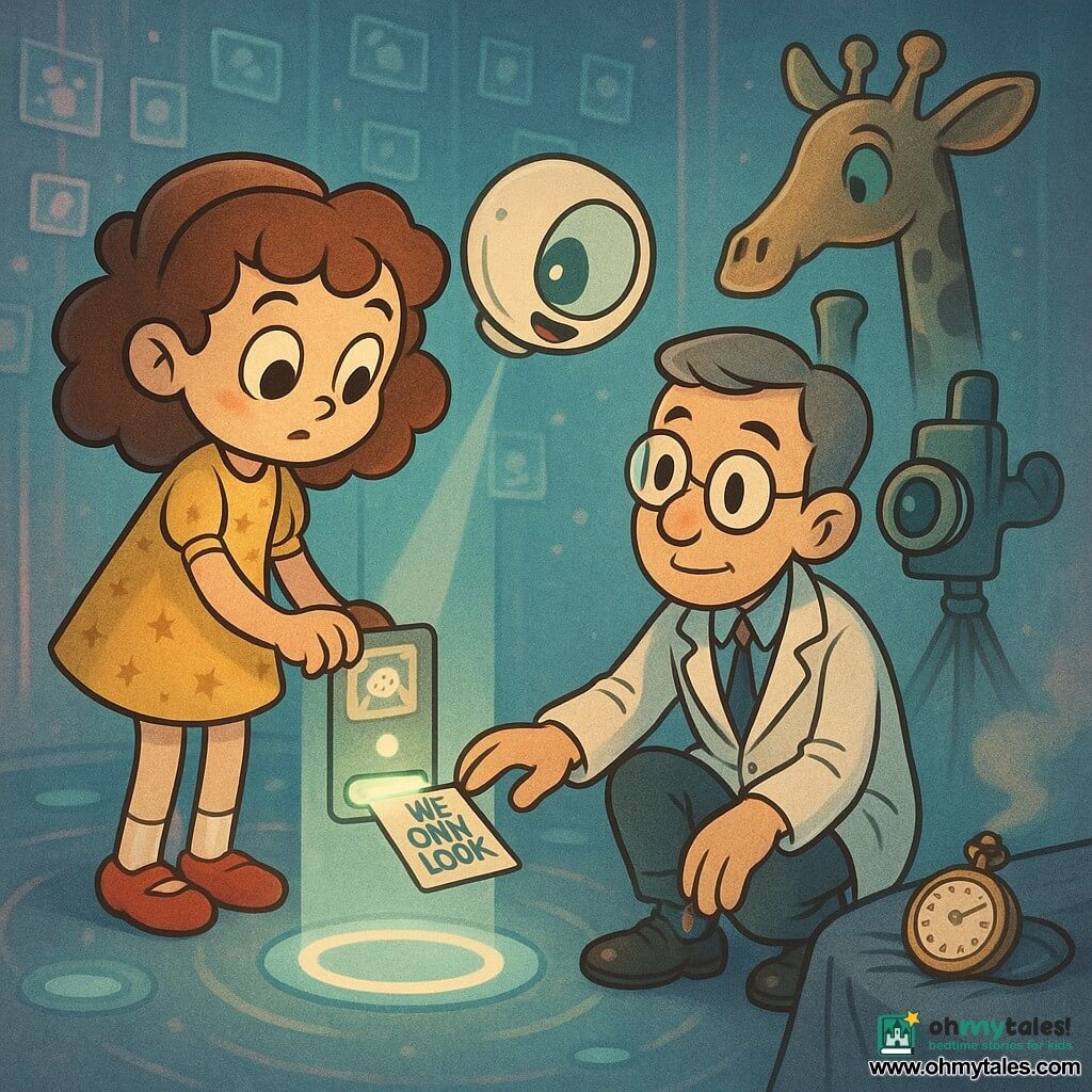 Mila, a calm 6-year-old girl with a round face, curly chestnut hair and large curious eyes, carefully slides a small card labeled "WE ONLY LOOK" into a glowing slot while wearing a yellow dress with tiny stars and red shoes; Dr. Sato, a gentle 35-year-old man with short graying hair, round glasses and rocket-patterned socks, stands beside her with a reassuring hand on her leg; Pip, a floating assistant robot the size of a beach ball with a white round shell, a large green glass eye and a bright smile, hovers over her shoulder projecting a thin light toward the slot; they are in a holo-photography studio with pulsing circular floor lights, spinning holographic photos on the walls, a tall metallic camera-like device with a green lens, soft neon blue and pink tones, a faint mist, a lit floor circle in the background and an old pocket watch resting on cloth on a nearby table — a magical yet tranquil scene with warm light focused on Mila.