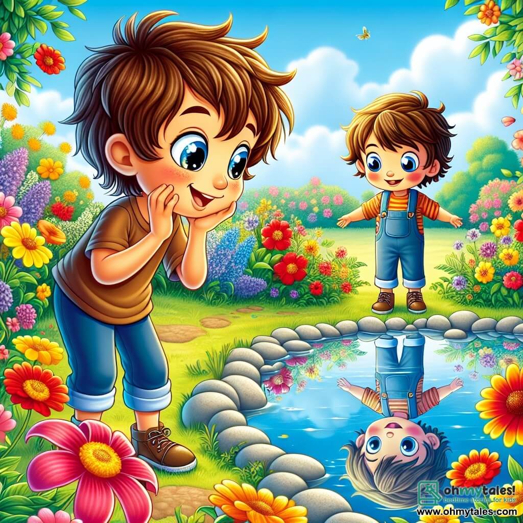 A 6-year-old boy named Oliver, with messy brown hair and star-like bright eyes, stands by a peaceful pond. His face radiates curiosity and joy, his cheeks flushed with excitement as he gazes at his reflection in the water, a big smile lighting up his face. Nearby, colorful flowers sway gently in the breeze, their vibrant red, yellow, and purple petals seeming to whisper secrets to Oliver, adding a touch of magic to the scene. The setting is an enchanting garden filled with multicolored flowers, lush greenery, and a blue sky dotted with fluffy white clouds. The pond is surrounded by smooth, shiny stones reflecting the sunlight. The main focus shows Oliver discovering happiness while looking at his reflection, surrounded by nature's beauty, as the flowers murmur sweet words, creating an atmosphere of peace and magic.