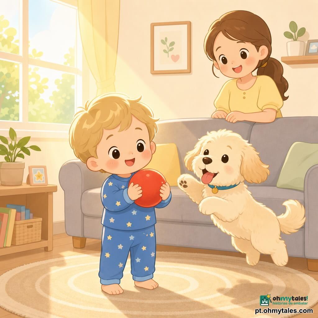 Um menino de 2 anos, feliz e curioso, com cabelos loiros e bochechas rosadas, em pijama azul estrelado, segura junto ao peito uma pequena bola vermelha aquecida pelo sol; atrás do sofá, a mãe de cerca de 30 anos, cabelos castanhos presos em rabo de cavalo e vestido amarelo claro, sorri observando-o; um cão de porte médio, pelo creme e língua de fora, pula ao lado com ar brincalhão; a cena ocorre numa sala acolhedora com tapete bege de padrões circulares, sofá cinza e uma janela baixa que deixa entrar um raio de sol dourado, tudo em clima luminoso e calmo enquanto o menino acaba de reencontrar sua bola.