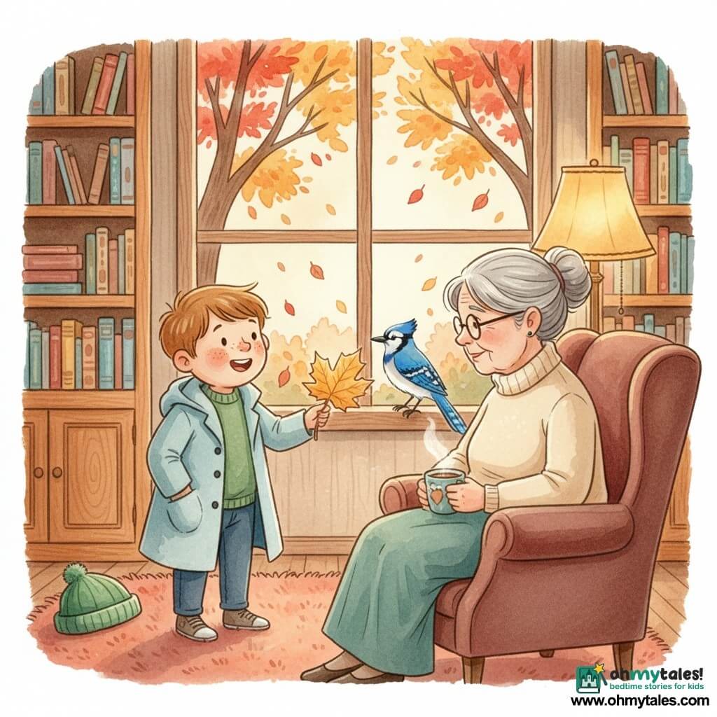 An 8-year-old boy, happy and wide-eyed with a round freckled face, wearing a light blue coat open over a green sweater and a green hat beside him, offers a large golden autumn leaf to his grandmother, a gentle ~70-year-old woman with gray hair in a bun, cream sweater and glasses, seated in a velvet armchair by a warm lamp; she receives the leaf with one hand while holding a cup of hot chocolate in the other, looking at him affectionately. A vivid blue jay perches on the outside railing seen through the large window, head tilted as if watching. The cozy interior is a small reading room with wooden bookshelves of colorful books, a rust shag rug, warm lamp light and a window showing red, orange and yellow autumn trees with falling leaves. The scene is a tender, calm autumn moment rendered in a soft watercolor palette with warm ochre, brick and gentle blues, close composition centered on the two figures and the window.