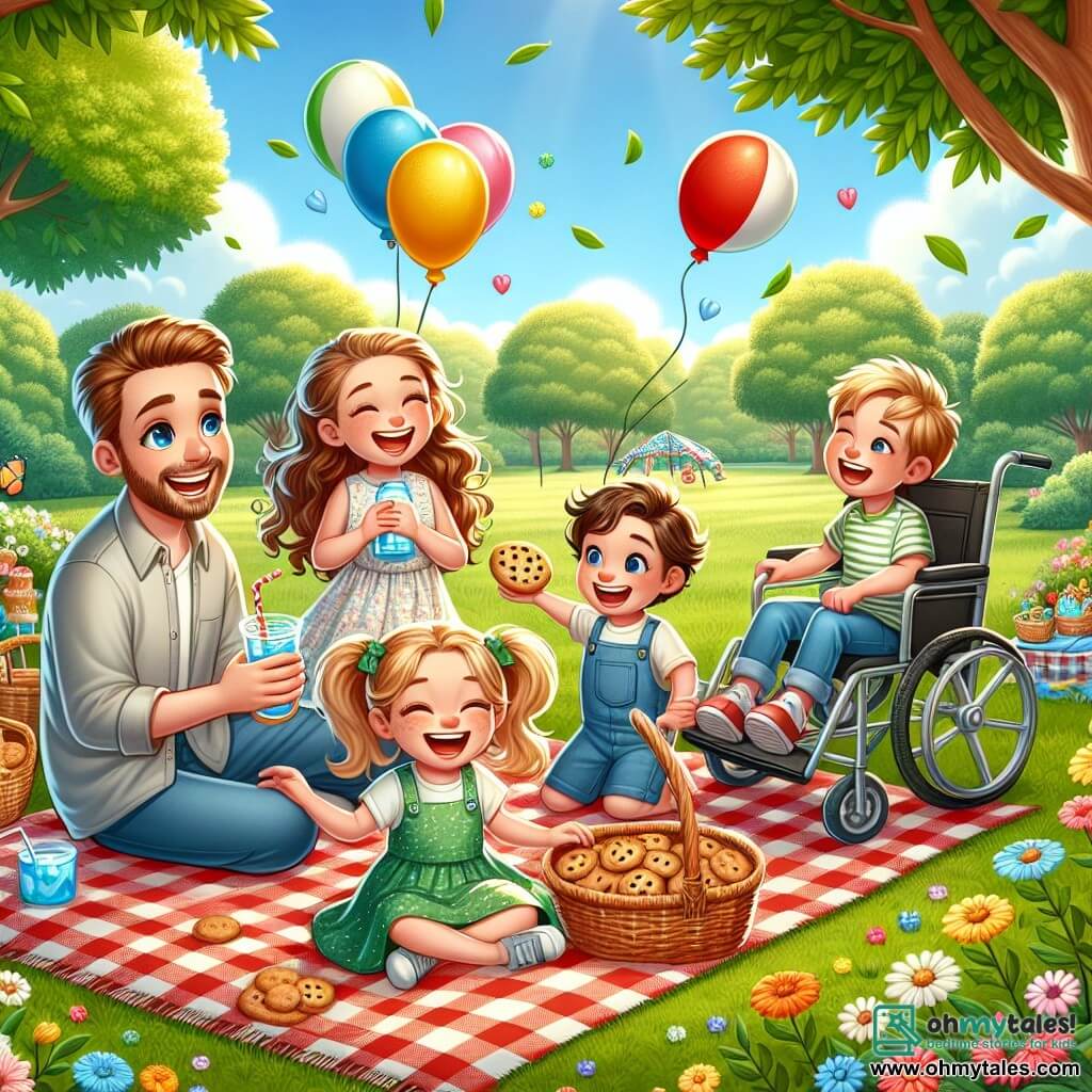 Lily, a 7-year-old girl with long curly brown hair, is sitting on a large red and white checkered blanket, smiling with sparkling eyes. Next to her is her father, a man in his thirties with a light beard and a warm smile, holding a glass of lemonade. Mia, a 6-year-old girl with blonde pigtails, is placing a basket filled with cookies on the blanket, her face beaming with excitement. Sam, an 8-year-old boy with brown hair and glasses, is standing and tossing a ball in the air, ready to play. Oliver, a 7-year-old boy in a wheelchair, is nearby, surrounded by colorful balloons, laughing and holding a decorated sign for Father's Day. The scene takes place in a green park with large trees and colorful flowers swaying in the wind. The sky is blue and sunny, creating a joyful and festive atmosphere. The main situation shows the children celebrating Father's Day with a surprise picnic, surrounded by laughter and happiness, sharing precious moments together.