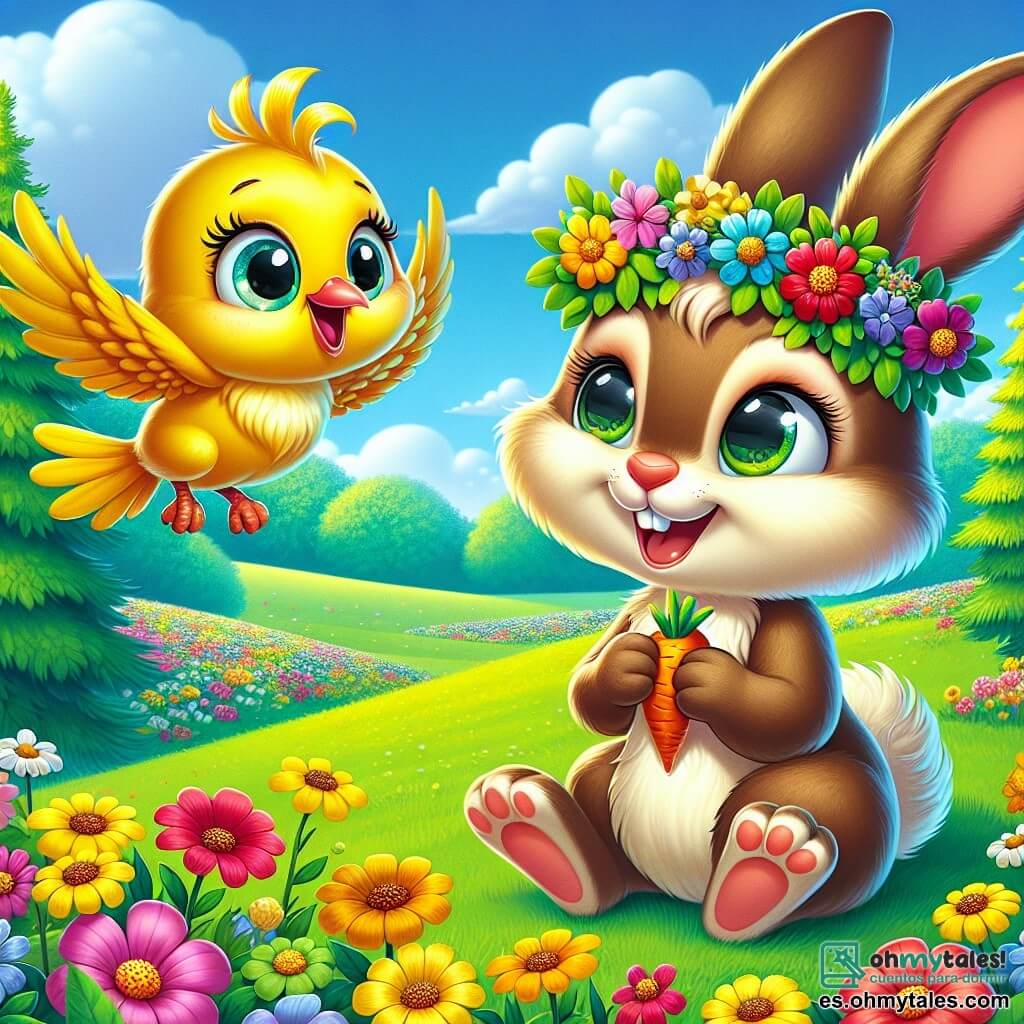 Un pequeño conejo llamado Rabo, con un pelaje suave y marrón, grandes orejas y ojos brillantes de curiosidad, está sentado en una colina verde, sonriendo con alegría. Lleva una corona de flores coloridas en la cabeza y sostiene una zanahoria con sus patas delanteras. A su lado, un pájaro amarillo brillante llamado Pío, con un pico afilado y plumas brillantes, vuela alegremente alrededor de Rabo, cantando una melodía animada, su rostro radiante de felicidad. Más lejos, una pequeña ardilla llamada Lila, con pelaje rojo y una cola esponjosa, está recogiendo flores, su expresión llena de entusiasmo. El lugar es un hermoso campo primaveral, salpicado de flores brillantes de todos los colores, bajo un cielo azul claro con algunas nubes blancas y esponjosas. Los árboles majestuosos bordean el campo, sus hojas verdes vibrantes en la suave brisa. La escena principal muestra a Rabo y sus amigos celebrando la belleza de la primavera, rodeados de flores, riendo y compartiendo momentos de alegría, mientras el sol brilla cálidamente sobre ellos.