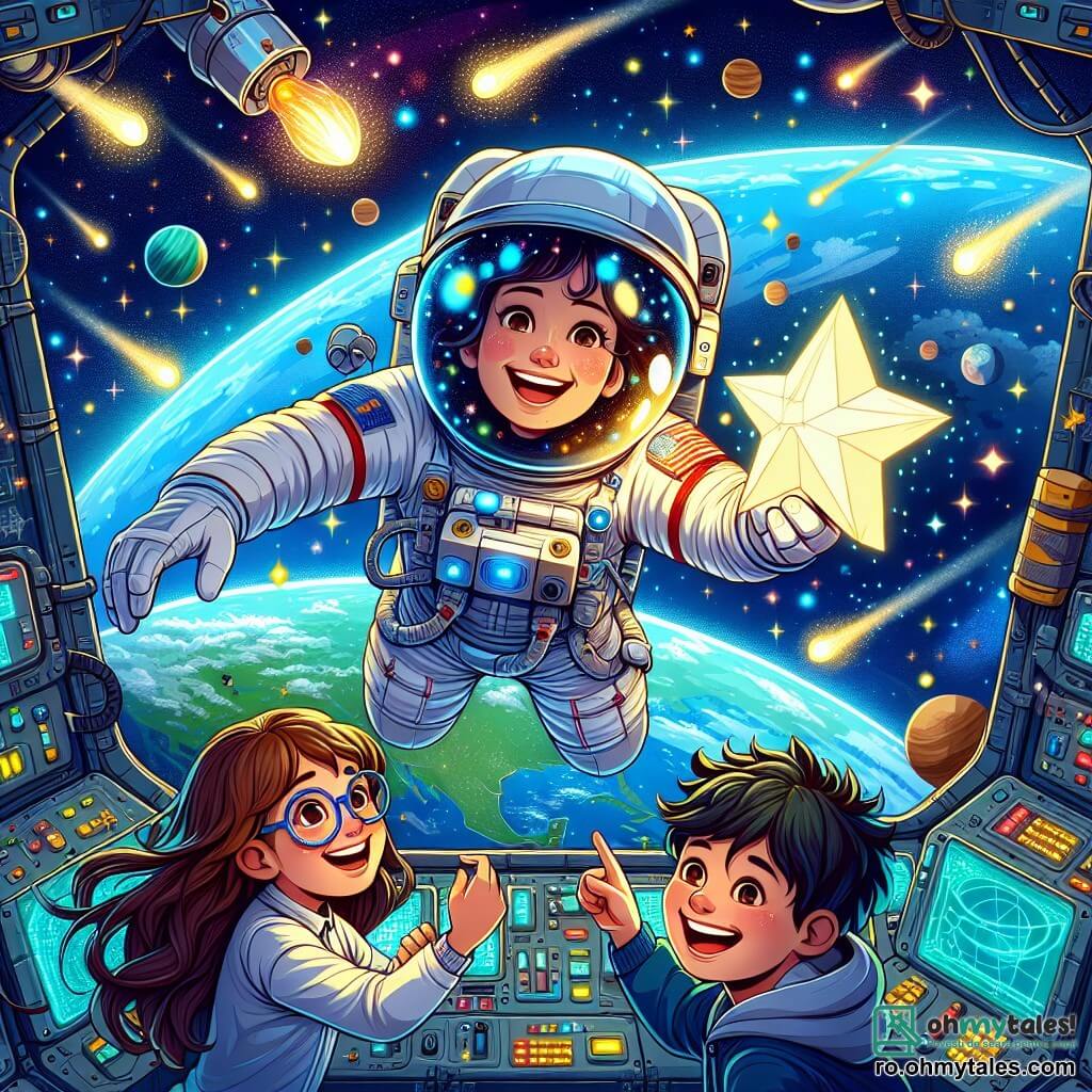 Un astronaut, un bărbat de aproximativ 30 de ani, cu o cască strălucitoare și un costum spațial alb cu accente albastre, plutește fericit în spațiu, fața lui radiază de bucurie și uimire. Este înconjurat de numeroase stele strălucitoare și de o priveliște magnifică a Pământului, albastru și verde, în fundal. Aproape de el, o fetiță, Maria, în vârstă de 8 ani, cu părul lung și brunet și ochelari, privește cu ochii mari, ținând în mâini o stea din hârtie. Ea este suspendată în interiorul unei capsule spațiale, înconjurată de panouri de control luminoase. Un alt băiat, Mihai, în vârstă de 9 ani, cu părul negru și zburlit și un zâmbet larg, se află lângă Maria, arătând cu degetul o stea căzătoare care traversează cerul. Scena se desfășoară în imensitatea spațiului, cu planete colorate și nebuloase strălucitoare în fundal, creând o atmosferă magică și inspiratoare. Astronautul își împărtășește visul de explorare spațială cu copiii, arătându-le frumusețea universului și încurajându-i să creadă în propriile vise.