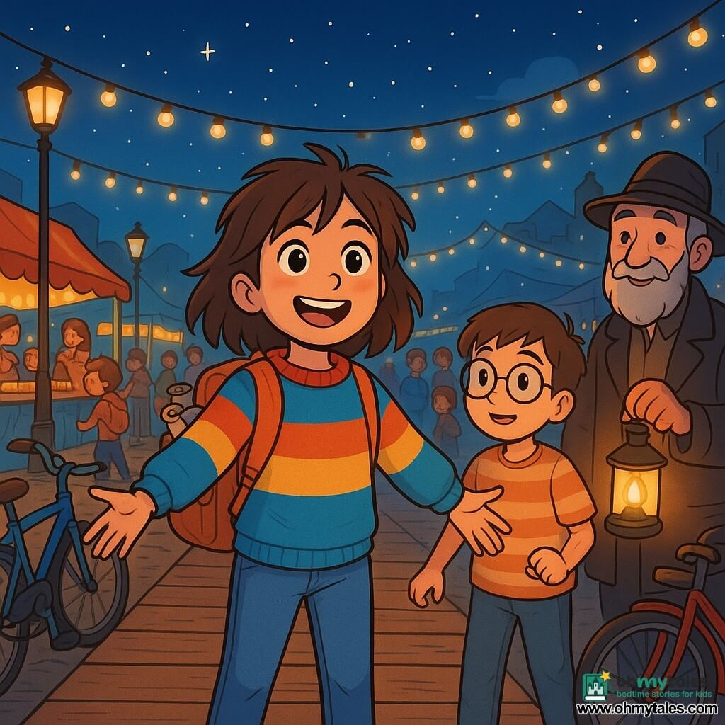 A 10-year-old girl named Mira stands at the center of a bridge made of wooden planks and bicycles, with a radiant smile and sparkling eyes full of determination. She has messy brown hair, a colorful sweater, and a backpack filled with treasures. Next to her, a boy her age, wearing round glasses and a striped t-shirt, holds a small lantern illuminating his curious face. A gray-bearded lamplighter, wearing a felt hat, stands slightly back, smiling and holding a lit lamp, ready to light the way. The scene is a lively esplanade lined with twinkling streetlights and colorful market stalls, where strings of lights dance in the wind. People of all ages gather around them, creating a warm and festive atmosphere. The main situation shows Mira, full of energy and joy, inviting passersby to cross the bridge, while children laugh and play around her, sharing stories and smiles under a starry sky.