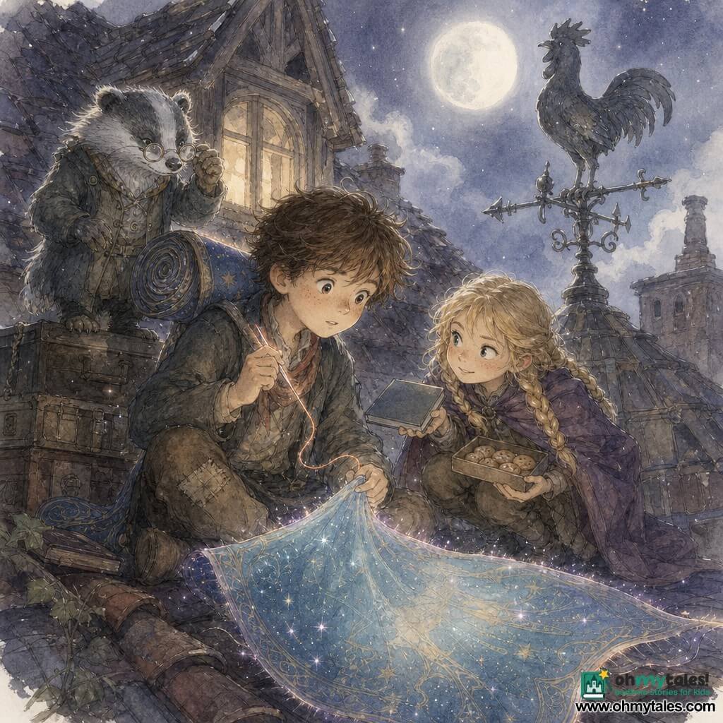 A young apprentice wizard boy with a round, freckled face and messy brown hair, eyes determined and awed, carries a sky-blue flying carpet rolled on his shoulder and sews it with a shining needle and dawn-colored thread while a mischievous, attentive 12-year-old girl with braided blonde hair crouches beside him offering a small spellbook and a box of cookies; a Ravelmink—a badger-like creature with glasses and velvety gray-green fur—watches from a crate with a critical but kind air, all on the roof of an old school where a rusted iron weathercock rooster gleams under the moon amid worn tiles, a wooden dormer and dusty trunks, as soft moonlight, silver sparks and the carpet’s faint vibrations signal it coming back to life.