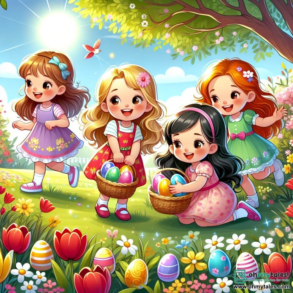 Four three-year-old girls, Lily, Mia, Sarah, and Zoe, are gathered in a sunny park. Lily, with brown hair and a pink dress, smiles while holding a basket filled with colorful eggs. Mia, with blonde hair and a yellow dress, jumps with joy showing a shiny blue egg she just found. Sarah, with red hair and a green dress, crouches down to search for an egg hidden behind a flowering bush. Zoe, with black hair and a purple dress, laughs while holding a sparkling pink egg. The park is filled with colorful flowers, and the four friends are on an Easter egg hunt, searching for hidden eggs with expressions of joy and excitement on their faces.