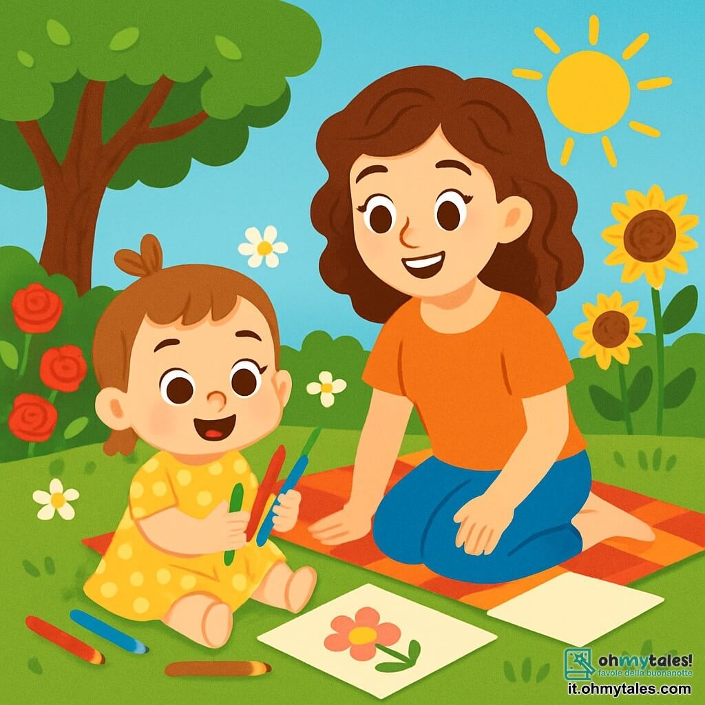 Una bambina di 2 anni, Sofia, con grandi occhi luminosi e un sorriso radioso, è seduta sull'erba verde del giardino. Indossa un vestito giallo a pois e tiene in mano dei pastelli. Accanto a lei, sua madre, una donna di circa 30 anni con capelli castani e ricci, sorride mentre la osserva, seduta su una coperta da picnic colorata. Il giardino è pieno di fiori vivaci, con rose rosse, girasoli gialli e margherite bianche che danzano al vento. Un grande albero ombreggiato si erge sullo sfondo, le cui foglie verdi creano un dolce riparo. Sofia e sua madre stanno disegnando insieme, circondate da fogli di carta e pastelli colorati, mentre il sole splende alto nel cielo blu, creando un'atmosfera gioiosa e estiva.