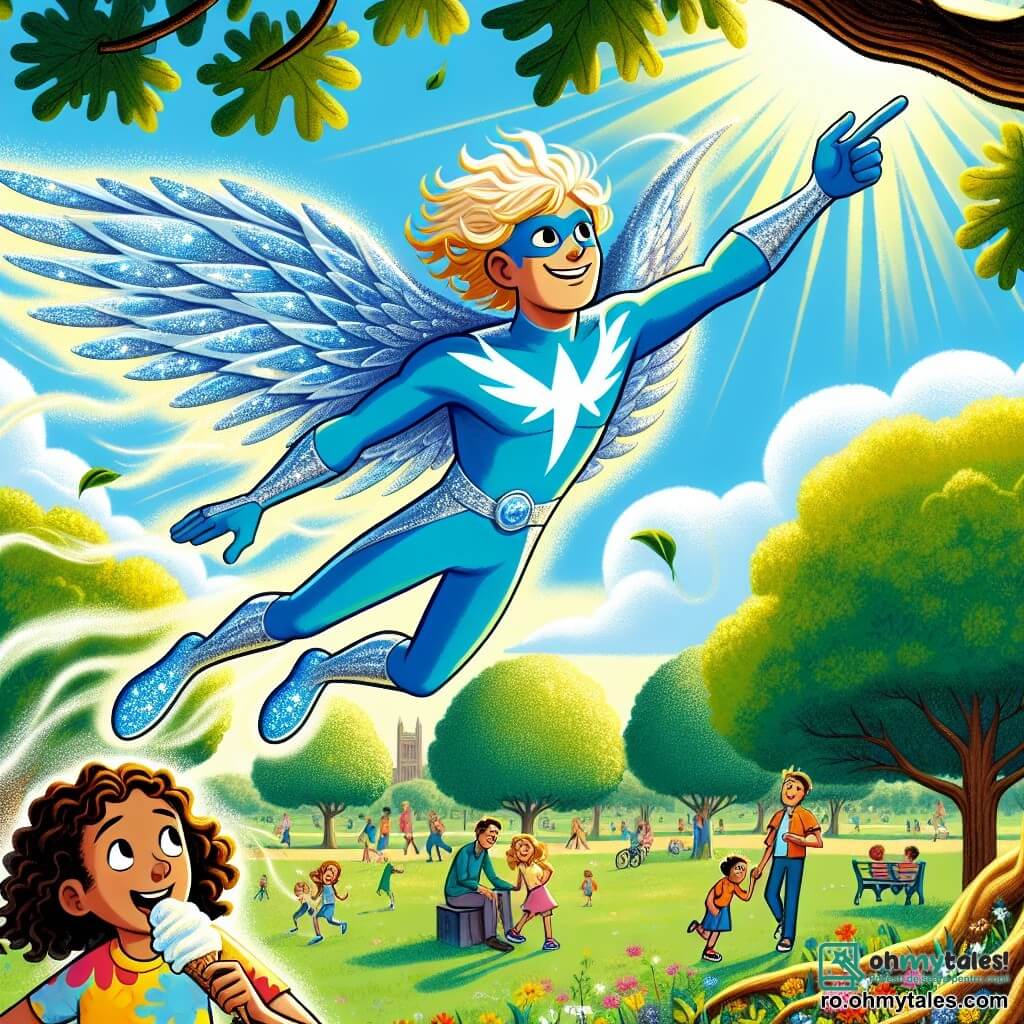 Un super-erou masculin numit Zephyr, înalt și zvelt, cu un costum albastru strălucitor și aripi argintii strălucitoare, zboară pe cer deasupra unui parc însorit, cu fața radiantă de determinare și bucurie. El controlează vântul cu brațele întinse, făcând frunzele copacilor din jur să danseze. Aproape, o fetiță de aproximativ 8 ani, cu părul creț și blond, privește cu uimire, ținând o înghețată în mână, cu ochii strălucind de fericire. Ea poartă o rochie colorată și stă sub un stejar mare, înconjurată de câțiva prieteni care o observă cu admirație. Parcul este plin de flori colorate, familii care se plimbă și râsete de copii care se joacă pe iarba verde. Cerul este de un albastru strălucitor, presărat cu câteva nori albi pufoși. Situația principală îl arată pe Zephyr luptând împotriva unui nor de praf amenințător care întunecă cerul, în timp ce își folosește puterile pentru a-l dispersa, aducând astfel lumină și bucurie tuturor locuitorilor parcului.