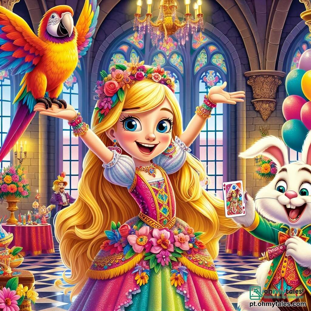 A princesa Clara, uma menina de cerca de 10 anos, tem cabelos dourados que brilham como o sol e olhos cheios de malícia. Ela usa um vestido colorido decorado com flores e um sorriso radiante, enquanto se encontra no centro de um grande salão de castelo, levantando os braços com entusiasmo, pronta para anunciar o início da festa. Ao seu lado, o papagaio Pepe, um pássaro de penas multicoloridas, está empoleirado em seu ombro, rindo e contando uma piada com uma expressão travessa. Um pouco mais adiante, o travesso Tob, um jovem coelho branco com grandes orelhas, executa um truque de mágica, segurando uma carta de baralho com as patas da frente, com um ar concentrado, mas divertido. O local é um magnífico castelo com paredes de pedra adornadas com guirlandas de flores coloridas, janelas de vitral que deixam passar raios de luz que dançam sobre o chão de mármore. Balões coloridos flutuam ao redor e mesas estão repletas de deliciosas guloseimas. A cena principal mostra Clara, cheia de energia, anunciando a "Festa dos Risos" a todos os convidados, enquanto risadas e alegria preenchem o ar, criando uma atmosfera mágica e festiva.
