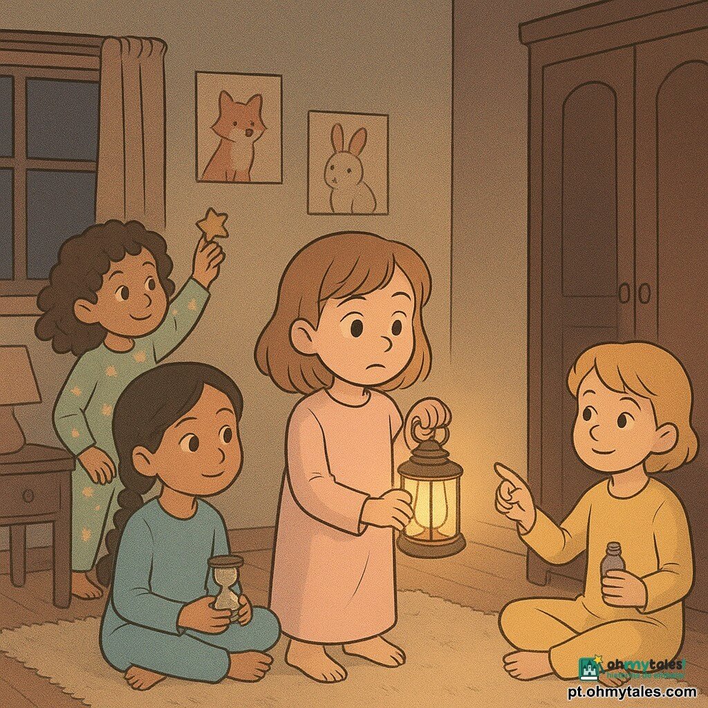 Há quatro meninas, cerca de 9–10 anos: Sofia, cabelos castanho-claro médios, olhos grandes e tímidos, pijama rosa claro, segura uma pequena lanterna com as duas mãos no centro e olha concentrada para um armário escuro à direita; Inês, cabelos pretos em trança, expressão calma, pijama azul, sentada à esquerda de Sofia, segura uma ampulheta de vidro e observa a lanterna; Luana, cabelos cacheados castanhos, sorriso travesso, pijama verde claro com estrelas, está ligeiramente atrás à esquerda e cola adesivos de estrelas no teto com uma mão; Rita, cabelos loiros curtos, postura confiante, pijama amarelo, sentada à direita de Sofia, segura um pequeno frasco de alfazema e aponta suavemente para a porta entreaberta. Ambiente: quarto infantil acolhedor e levemente escuro, chão de madeira clara, tapete creme, grande armário de madeira escura à direita, janela com cortinas entreabertas deixando uma faixa de luz amarela do corredor, pôsteres de animais nas paredes e abajur apagado numa mesinha. Situação: noite do pijama tranquila para ajudar Sofia a enfrentar o medo do escuro; a lanterna cria um círculo de luz suave com sombras alongadas no armário, a porta entreaberta deixa passar luz quente do corredor, expressões serenas, atmosfera íntima e reconfortante em tons pastel e contrastes suaves entre sombra e luz.