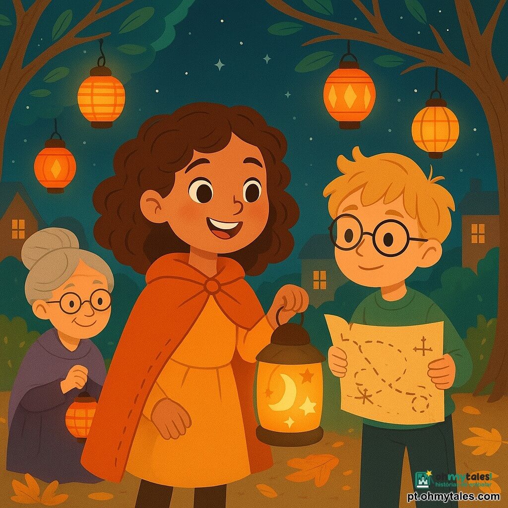 Uma menina de 8 anos, Lara, com um sorriso radiante e cabelos castanhos cacheados, veste uma capa laranja costurada por ela mesma. Ela segura uma lanterna decorada com desenhos de lua e estrelas, seu rosto brilhando de alegria e curiosidade. Ao lado dela, um menino de 9 anos, Tiago, com óculos redondos e cabelos loiros despenteados, segura um mapa de caça ao tesouro, com ar concentrado e entusiasmado. Perto de Lara, uma senhora idosa, dona Rosa, com cabelos grisalhos em coque e óculos no nariz, sorri suavemente enquanto pendura lanternas nos galhos de uma árvore. A cena se passa em uma praça de aldeia, iluminada por lanternas coloridas penduradas nas árvores, com um pequeno coreto no centro rodeado de folhas de outono douradas. A situação principal mostra Lara e seus amigos reunidos em torno de um círculo de lanternas brilhantes, criando uma atmosfera acolhedora e mágica sob um céu estrelado.