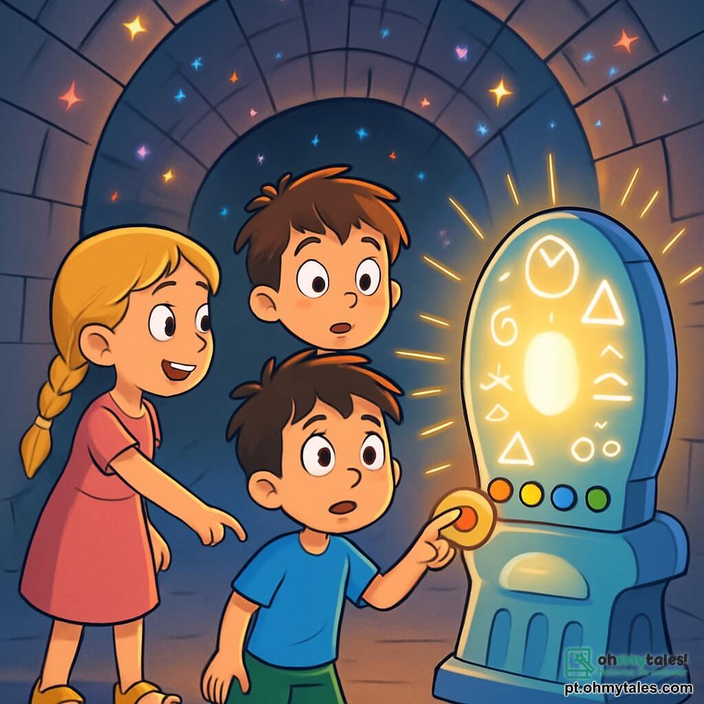 Há 3 personagens: - Lucas: um garoto de 9 anos com cabelo castanho bagunçado, vestindo uma camiseta azul e um short verde. Ele está em pé no centro, com os olhos arregalados de curiosidade. - Sofia: uma menina de 9 anos com cabelo loiro trançado, vestindo um vestido rosa e sandálias amarelas. Ela está à esquerda de Lucas, apontando para um botão luminoso no dispositivo misterioso. - Ravi: um garoto de 9 anos com cabelo preto e óculos redondos, vestindo uma camiseta laranja e uma calça azul. Ele está à direita de Lucas, segurando um caderno de esboços e olhando ao redor com admiração. O cenário se passa em um antigo túnel, com paredes de pedra lisa, iluminado por luzes coloridas que dançam como estrelas. No final do túnel, um estranho dispositivo futurista brilha, cercado por símbolos luminosos e botões coloridos. A cena principal mostra os três amigos descobrindo o dispositivo misterioso, com seus rostos iluminados pela luz brilhante, enquanto se preparam para pressionar um botão, ansiosos para viver uma aventura incrível através do tempo.