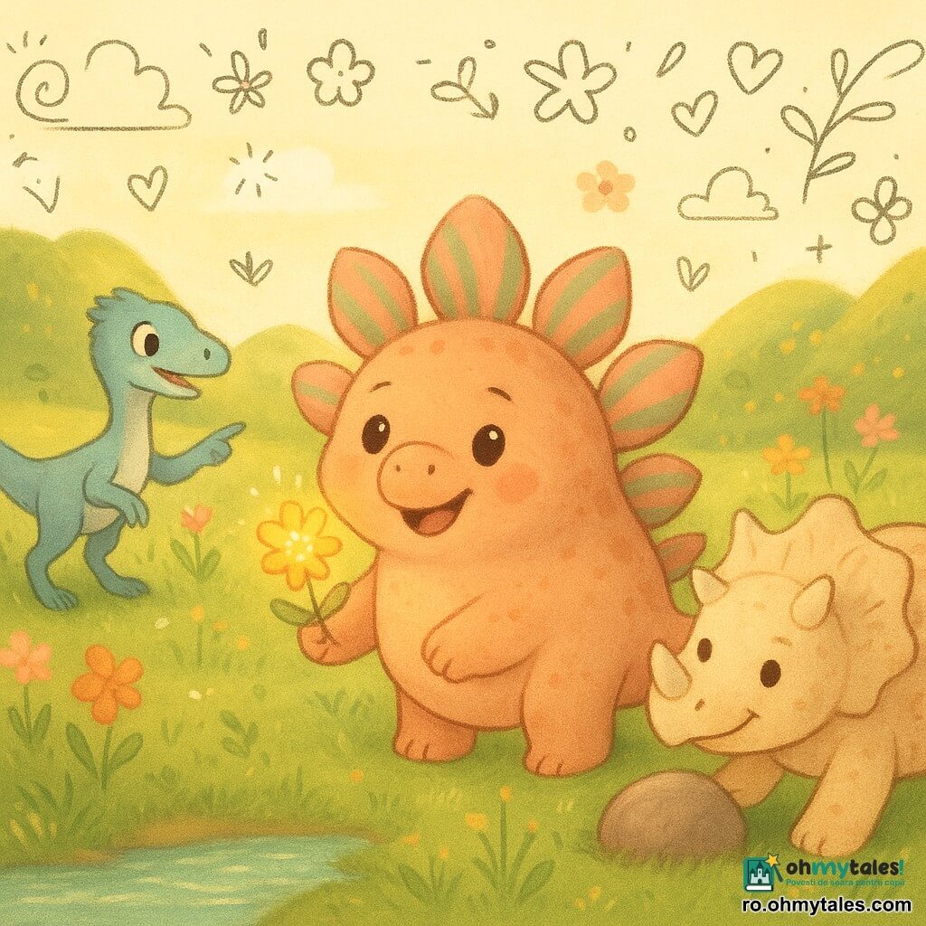 Un stegosaur rotund și blând cu plăci dorsale late dungi roz și verde, zâmbind și mirosind o floare în timp ce ridică o labă; un velociraptor suplu cu pene scurte bleu, sprinten, indicând o colină la stânga; o triceratops robustă cu bot rotunjit și coarne scurte, crem cu pete, împingând o piatră la dreapta și zâmbind — într-o vale însorită cu iarbă verde, flori înalte și un pârâu scânteietor, descoperind un teritoriu magic plin de bucurie, complicitate și lumină blândă de amiază târzie.