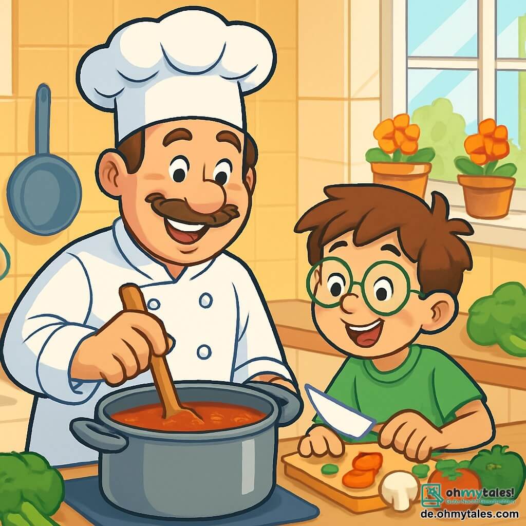 Ein Küchenchef, ein jovialer Mann von etwa 40 Jahren mit einem großen braunen Schnurrbart und funkelnden Augen, rührt in einem großen Topf mit Tomatensauce. Er trägt eine weiße Kochmütze und eine Kochjacke, und sein warmes Lächeln strahlt Stolz aus. Neben ihm beobachtet Max, ein 9-jähriger Junge mit zerzausten braunen Haaren und einer Brille, aufmerksam und hält ein Plastikmesser, um farbige Gemüse zu schneiden. Er wirkt neugierig und aufgeregt. Im Hintergrund ist eine geräumige, helle Küche zu sehen, gefüllt mit glänzendem Kochgeschirr, frischem Gemüse auf der Arbeitsplatte und Blumentöpfen auf dem Fensterbrett. Die Hauptsituation zeigt den Koch und Max bei der Zubereitung eines italienischen Gerichts, umgeben von einem verlockenden Duft von Tomaten und Kräutern, während Lachen in der Luft erklingt.