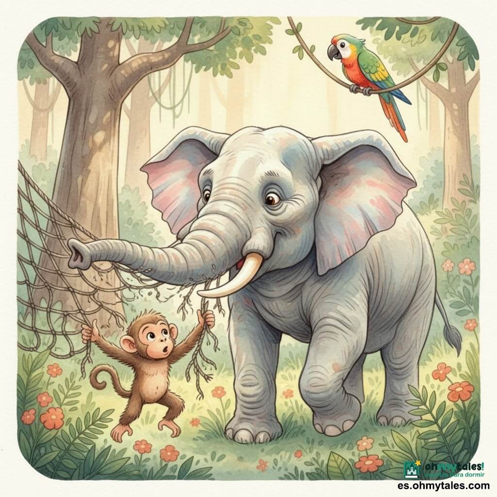 Un gran elefante gris claro de piel arrugada y mirada amable rompe con su trompa una gruesa cuerda de red para liberar a un pequeño mono marrón de pelaje erizado que, sorprendido y aliviado, se agarra al borde del tejido sobre un lecho de hojas; un loro colorido verde, rojo y amarillo lo observa desde una liana mientras la escena ocurre en un claro de la jungla africana con helechos, flores silvestres, baobabs y rayos de sol filtrándose entre el follaje.