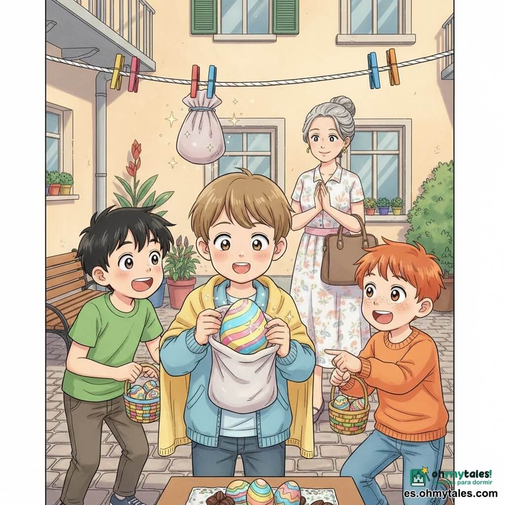 Cuatro personajes: Leo, niño de 8 años, cabello castaño claro corto, ojos curiosos, chaqueta azul celeste y una manta amarilla sobre los hombros, sostiene con delicadeza un gran huevo pintado en espirales de colores; Tomás, niño de 8 años, cabello negro alborotado, sonrisa amplia, camiseta verde, sostiene una pequeña cesta y está a la izquierda de Leo, inclinado y asombrado; Bruno, niño de 8 años, pelirrojo con pecas, sudadera naranja, a la derecha de Leo señalando excitado; Nora, mujer de unos 50 años, cabello gris recogido, vestido ligero floreado, detrás de los niños aplaudiendo y sonriendo con un gran bolso. Lugar: patio soleado de un edificio con suelo empedrado, macetas coloridas, banco de madera, mesa con otros huevos y chocolates, un tendedero de cuerdas blancas con pinzas de colores donde cuelga una bolsita de tela con el huevo especial; luz suave de media mañana y ambiente primaveral. Situación: los niños acaban de descubrir el huevo especial en la bolsita del tendedero; Leo abre la bolsita y revela un gran huevo pintado de azul, amarillo y rosa con una estrella plateada que brilla; expresiones de asombro y alegría, gestos de manos y cestas, y pequeñas partículas de polvo luminoso alrededor del huevo que sugieren una magia suave.