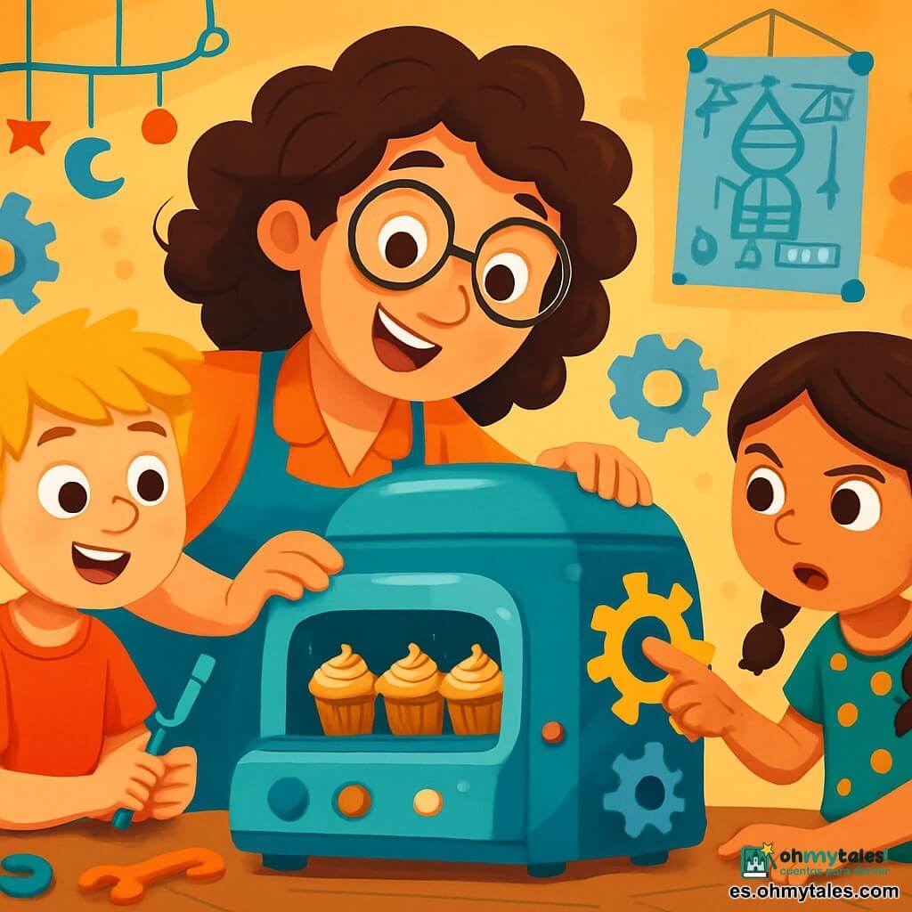 Clara, una inventora de unos cuarenta años, tiene el cabello rizado y castaño, lleva gafas redondas que le dan un aire curioso y travieso. Sonríe con entusiasmo, inclinada sobre una brillante máquina de pasteles, rodeada de engranajes y herramientas coloridas. Diego, un niño de 10 años, tiene el cabello rubio despeinado y lleva una camiseta roja. Observa con asombro, los ojos muy abiertos, sosteniendo un pequeño destornillador en sus manos. A su lado, Sofía, una niña de 10 años con trenzas castañas y un vestido de lunares, señala un engranaje defectuoso con aire decidido, lista para ayudar a Clara. La escena tiene lugar en un taller luminoso y caótico, lleno de extrañas máquinas, planos de invenciones colgados en las paredes y móviles de metal que tintinean suavemente con el viento. Clara, Diego y Sofía trabajan juntos para reparar la máquina de pasteles, sus rostros iluminados por la alegría y la emoción de ver la máquina volver a funcionar, llenando el aire con un dulce aroma de pasteles recién horneados.