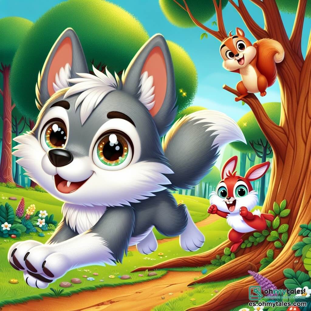 Un pequeño lobo de pelaje gris y suave, con grandes ojos brillantes de determinación, corre a toda velocidad a través de un bosque verde, su rostro expresa emoción y un toque de nerviosismo. A su lado, una ardilla de pelaje rojizo, con una cola espesa y ojos chispeantes de alegría, lo anima saltando de rama en rama, su sonrisa irradia apoyo. Un pequeño conejo blanco con grandes orejas, que parece muy entusiasmado, está justo detrás del lobo, listo para seguirlo, con una expresión de aliento en su rostro. El escenario es un bosque mágico, con árboles majestuosos de hojas verdes brillantes, rayos de sol filtrándose a través de las ramas, y un camino de tierra sinuoso que serpentea entre arbustos florecidos. La situación principal muestra al pequeño lobo a punto de superar un obstáculo, un tronco de árbol grande, con una multitud de animales al fondo que lo animan, ilustrando un momento de desafío y confianza en sí mismo.