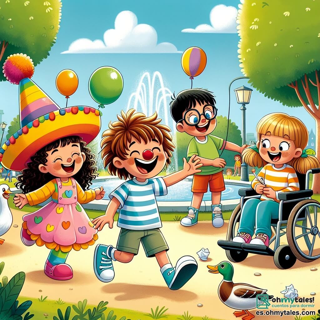 En un parque soleado, cuatro amigos se reúnen para una aventura. Lucas, un niño de 8 años con cabello castaño desordenado y una gran sonrisa, baila alegremente en el centro, llevando un enorme sombrero de payaso. A su derecha, Sofía, una niña de 7 años con cabello rubio y rizado, ríe a carcajadas, sosteniendo un pequeño trozo de pan para atraer a un pato. A la izquierda, Pedro, un niño de 9 años con gafas y cabello negro, observa atentamente el suelo, con un papel arrugado en la mano, listo para descifrar la próxima pista. Finalmente, Carla, una niña de 8 años en silla de ruedas, sonríe con entusiasmo, con su cabello castaño recogido en una coleta, sosteniendo un globo colorido. El parque está lleno de grandes árboles verdes, flores brillantes y una fuente centelleante en el centro, donde los niños juegan y ríen. Los amigos están en plena búsqueda de un tesoro misterioso, buscando pistas mientras bailan y ríen, con el sombrero de payaso como símbolo de su aventura alegre.