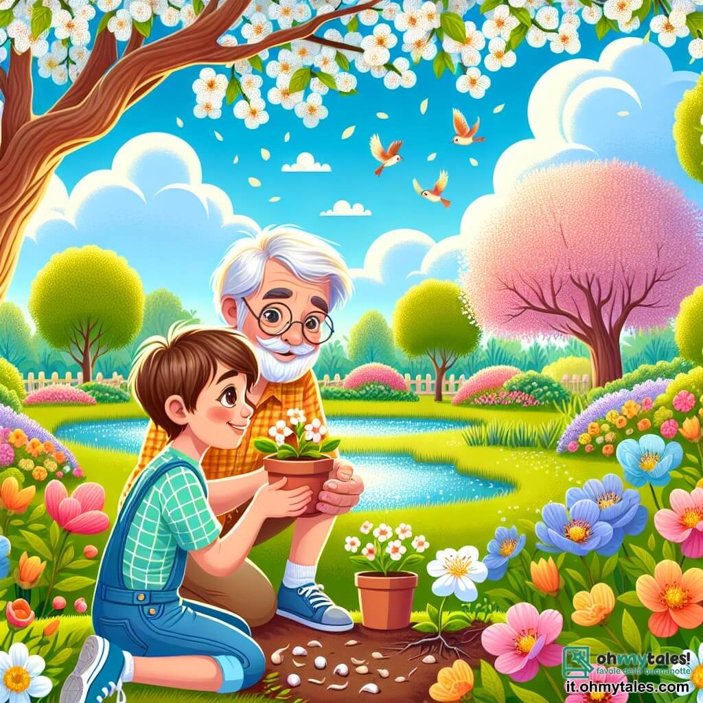 Un ragazzo di 8 anni, Tommaso, con capelli castani e occhi curiosi, è seduto sotto un grande albero di ciliegio in fiore, con un sorriso radioso. Indossa una maglietta gialla e un pantaloncino blu, tenendo un piccolo vaso di terra con semi di fiori appena piantati. Accanto a lui, il signor Gianni, un uomo di 70 anni con barba bianca e occhiali rotondi, sorride e gli mostra come annaffiare le piante, indossando una camicia a quadri e un cappello di paglia. Il luogo è un parco primaverile vibrante di colori, con fiori brillanti e un cielo blu chiaro. Tommaso è affascinato mentre impara a piantare fiori e a prendersi cura della natura, mentre il signor Gianni gli spiega l'importanza delle api e delle piante per l'ecosistema.
