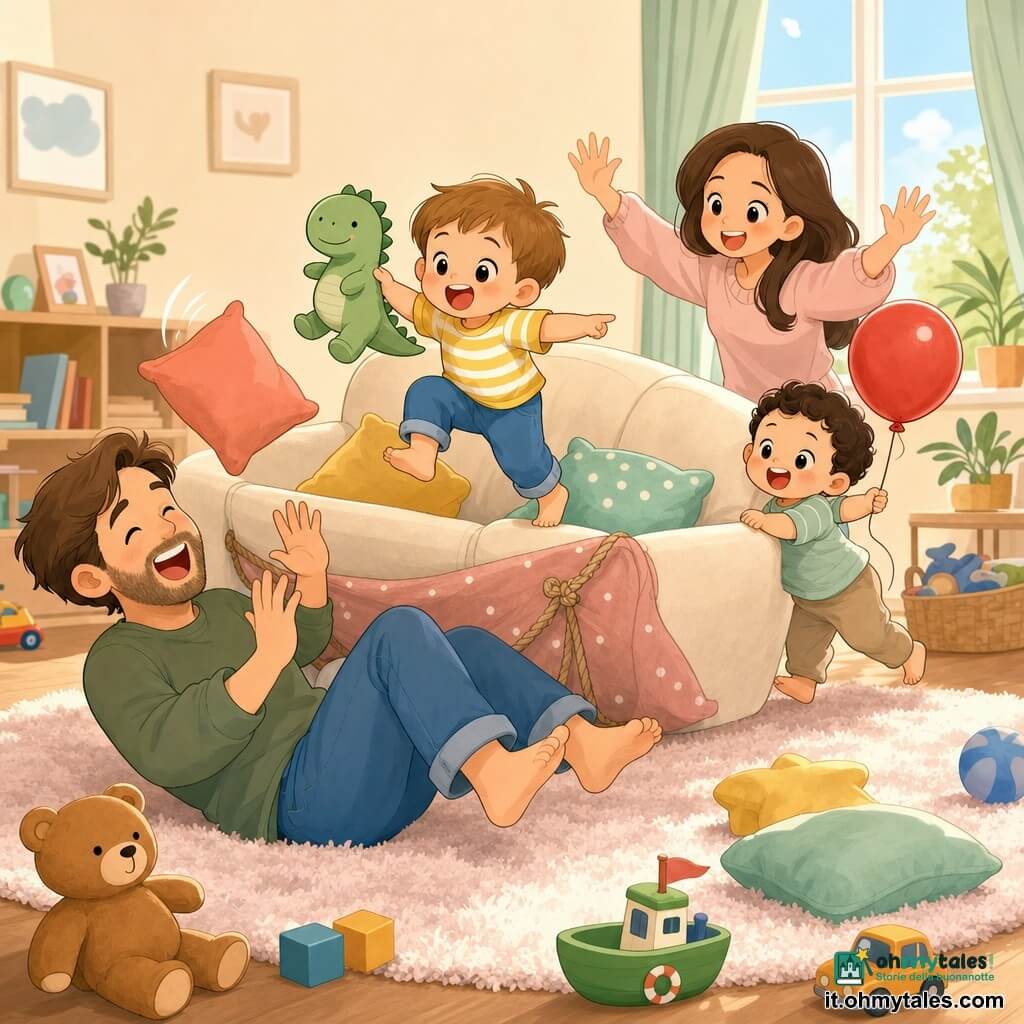 Un bambino di 2 anni, Leo, gioioso e birichino, capelli castano chiaro corti, guance rotonde e occhi vivaci, tiene un piccolo dinosauro di peluche verde e salta su un divano; un fratellino di circa 1 anno, Nico, sorridente e entusiasta con capelli neri ricci, tiene un pallone rosso e spinge il divano come una barca accanto a Leo; la mamma trentenne con capelli lunghi sciolti sorride dolcemente dietro il divano con le mani alzate per incoraggiare; il papà trentenne con una leggera barba è seduto a terra in primo piano, ride facendo finta di essere rovesciato dal dinosauro; interno di un salotto accogliente con pareti crema, grandi finestre con tende pastello, tappeto soffice e cuscini colorati sparsi, giocattoli a terra; scena principale: i due fratelli trasformano il divano in una dolce barca di mare, espressioni di divertimento, movimento dinamico, colori caldi e texture tattili; stile visivo kawaii minimal con forme arrotondate, colori pastello morbidi, illuminazione calda e dettagli nitidi per buona leggibilità in piccolo formato.