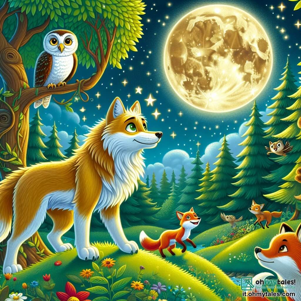Un lupo di nome Leo, con un pelo dorato e occhi scintillanti, si trova sulla cima di una collina verde, guardando la luna piena che illumina la notte. La sua espressione è di meraviglia e determinazione, pronto a scoprire il segreto della luna. Accanto a lui, una volpe vivace di nome Vanessa, con un pelo rosso brillante e una coda folta, salta gioiosamente, guardando la luna con curiosità. Un saggio gufo di nome Guglielmo, con piume marroni e occhi acuti, è posato su un ramo, osservando la scena con aria pensierosa. Sullo sfondo, si estende una foresta incantata, con alberi maestosi e fiori colorati che illuminano il terreno. La scena emana un'atmosfera magica e avventurosa, mentre Leo e i suoi amici si preparano a svelare il mistero della luna.