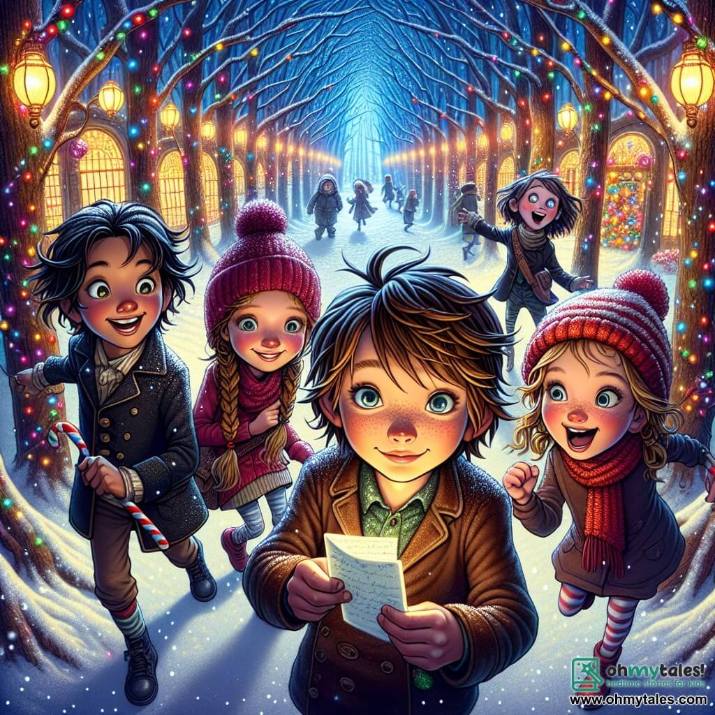 In an enchanted forest, four children stand together. Oliver, a 12-year-old boy with messy brown hair and sparkling eyes, holds a rolled-up letter in his hands, his face beaming with excitement. To his right, Lucy, an 11-year-old girl with braided blonde hair and rosy cheeks, smiles joyfully at Oliver. Max, a 12-year-old boy with round glasses and black hair, stands to Oliver's left, arms crossed and a determined look on his face. Finally, Sophie, a 10-year-old girl with curly brown hair and a red hat, jumps excitedly behind them.

The setting is a magical forest, where tall trees with thick trunks are covered in sparkling snow. Colorful lights shine between the branches, and snowflakes gently fall, creating a fairy-tale atmosphere. In the distance, a candy path leads to a illuminated village.

The main scene shows the children discovering a letter addressed to Santa Claus, filled with curiosity and adventure, ready to embark on a quest to deliver the message before Christmas.