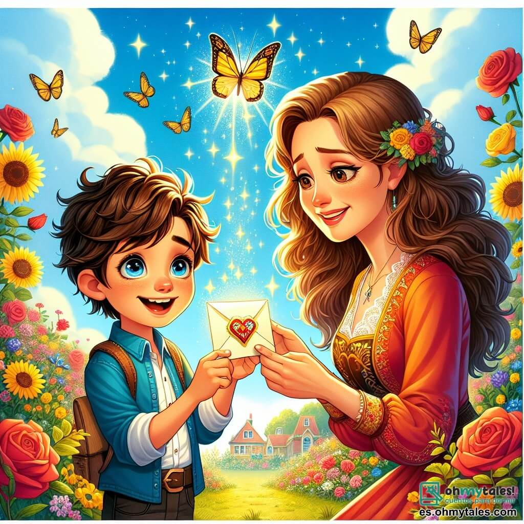 Un niño de 10 años, Lucas, con el pelo castaño desordenado y ojos brillantes de curiosidad, está en el centro de la imagen sosteniendo una carta mágica. Tiene una gran sonrisa en el rostro, lleno de emoción y amor. A su lado, su mamá, una mujer de unos treinta años con cabello largo y ondulado, vestida con un vestido colorido, lo mira con ternura, lista para abrazarlo. En el fondo, un hermoso jardín florecido se extiende, con rosas rojas, girasoles amarillos y mariposas revoloteando. El cielo es azul, salpicado de nubes blancas esponjosas, y un suave sol ilumina la escena, creando una atmósfera cálida y alegre. La situación principal muestra a Lucas, radiante de felicidad, entregando su carta a su mamá, quien se siente conmovida por este gesto. El amor y la magia del Día de la Madre flotan en el aire, haciendo de este momento algo inolvidable.