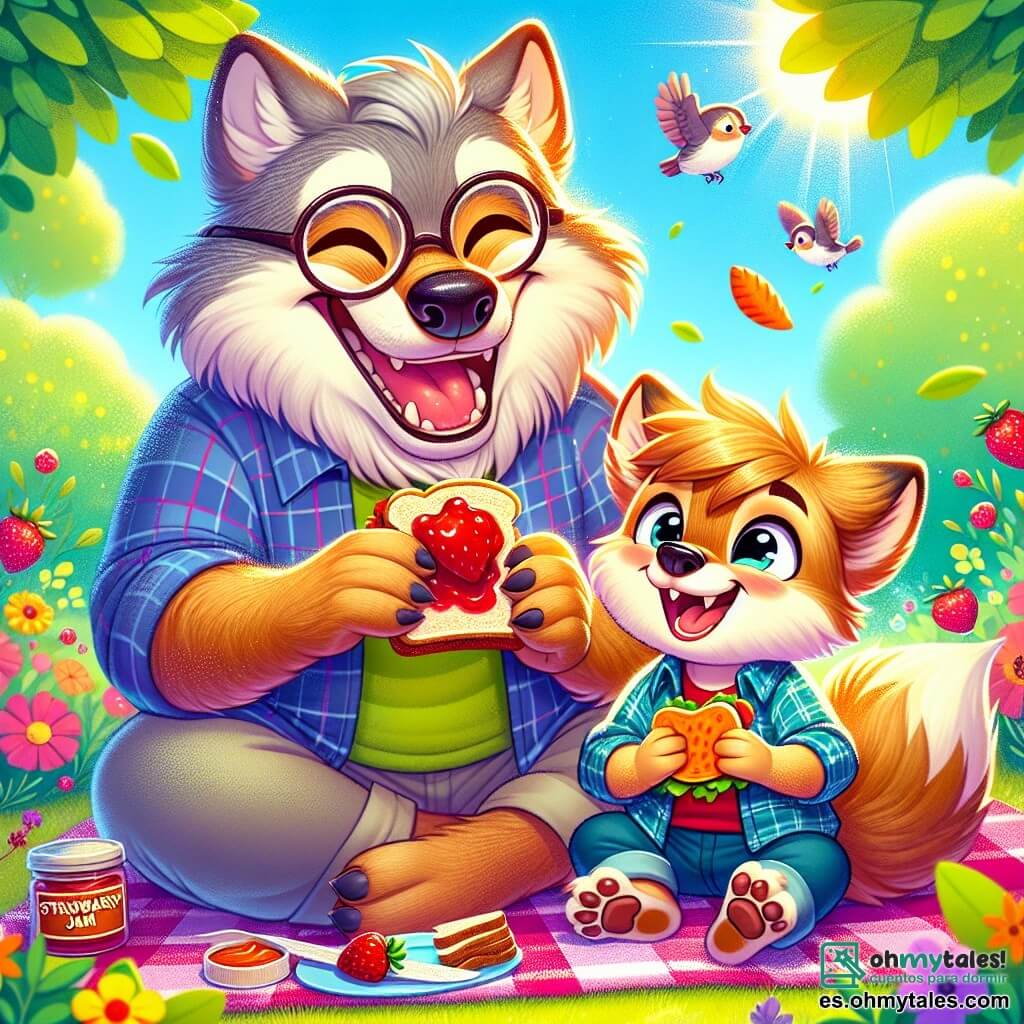Un pequeño lobo llamado Lucas, con un pelaje suave y marrón, grandes ojos brillantes de alegría, está sentado sobre una manta colorida en un parque soleado. Sonríe ampliamente, sosteniendo un sándwich de mermelada de fresa en sus pequeñas patas, lleno de emoción. A su lado, su papá lobo, grande y robusto, con un pelaje gris y gafas redondas, ríe mientras muerde un sándwich de zanahoria, con los ojos brillando de orgullo. El parque está lleno de flores vibrantes, árboles verdes y rayos de sol que filtran a través de las hojas, creando un ambiente alegre y cálido. Lucas y su papá están rodeados de algunos pájaros coloridos que cantan, añadiendo un toque de magia a esta escena del Día del Padre. Comparten un momento de felicidad, riendo juntos, mientras una suave brisa hace bailar las hojas a su alrededor.