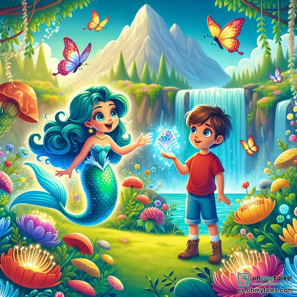 Una sirena llamada Marina, con hermosas escamas brillantes de color turquesa y cabello ondulado de un azul profundo, se encuentra alegremente al borde de una cascada resplandeciente. Su rostro expresa emoción y amabilidad, mientras extiende la mano hacia un niño llamado Lucas, de unos 8 años, que lleva una camiseta roja y un short de mezclilla. Lucas, con su cabello castaño desordenado y ojos llenos de curiosidad, mira a la sirena con asombro, listo para acompañarla en la aventura. El escenario es un bosque encantado, donde flores multicolores de formas extrañas crecen a su alrededor y mariposas luminosas danzan en el aire. En el fondo, se alza una majestuosa montaña, con suaves nubes flotando alrededor de su cima. La escena principal muestra a Marina y Lucas preparándose para buscar una concha mágica, que simboliza la amistad y la aventura, con destellos de luz mágica emanando de la concha que brilla en la mano de Lucas.