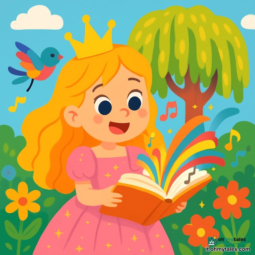 Una principessa dai capelli dorati, vestita con un abito di tulle rosa cosparso di piccole stelle scintillanti, sorride con meraviglia. I suoi occhi brillanti riflettono gioia e creatività mentre tiene un libro aperto, da cui fuoriescono colori vivaci e forme danzanti. Accanto a lei, un piccolo uccellino di carta, con ali multicolori, vola gioiosamente attorno a lei, aggiungendo un tocco di magia alla scena. Il contesto è un giardino incantato, pieno di fiori dai colori vivaci, grandi alberi con foglie dorate e un cielo blu chiaro punteggiato di nuvole soffici. Al centro, un vecchio salice con rami pendenti, come braccia accoglienti, sembra ascoltare attentamente la principessa. La scena principale mostra la principessa mentre crea oggetti magici con colori che escono dal libro, mentre risate e note musicali fluttuano nell'aria, trasformando il giardino in un luogo di gioia e immaginazione.