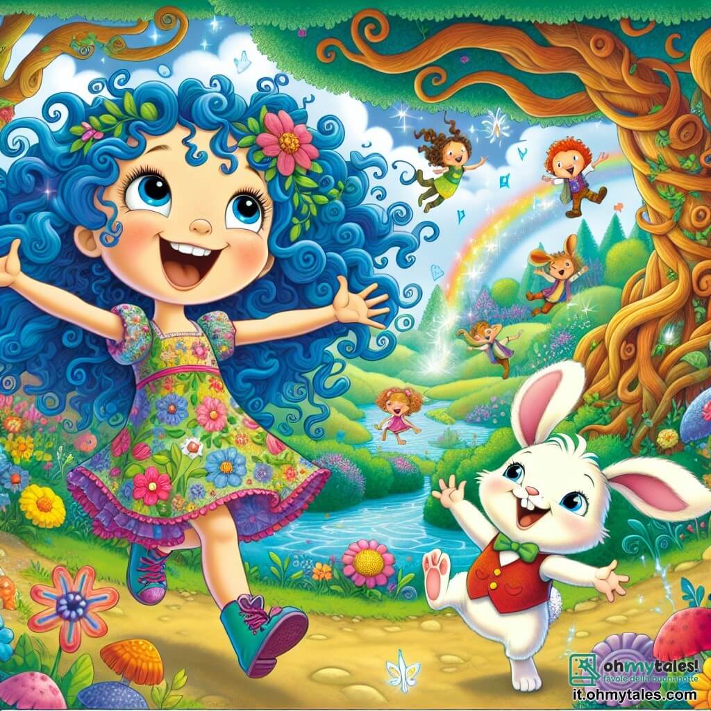 Una ragazza di 10 anni, Lella, con capelli ricci e blu elettrico, esprime grande curiosità e gioia sul suo viso. Indossa un vestito colorato a fiori e si trova in piedi, con le braccia aperte, nel mezzo di una foresta incantata. Accanto a lei, un coniglietto di nome Baffone, di circa 5 anni, vestito con un gilet rosso, salta allegramente ridendo, con le sue grandi orecchie dritte. Il paesaggio è una foresta magica, dove gli alberi dai tronchi contorti sembrano danzare e fiori multicolori sbocciano sotto un cielo soleggiato, punteggiato di nuvole sorridenti. In lontananza, un ruscello scintilla e pesci volanti saltano felici nell'aria. La scena principale mostra Lella e Baffone che ballano e ridono insieme, circondati da animali incantati che li incoraggiano, mentre cercano la corona perduta del re in un'atmosfera ludica e fantastica.