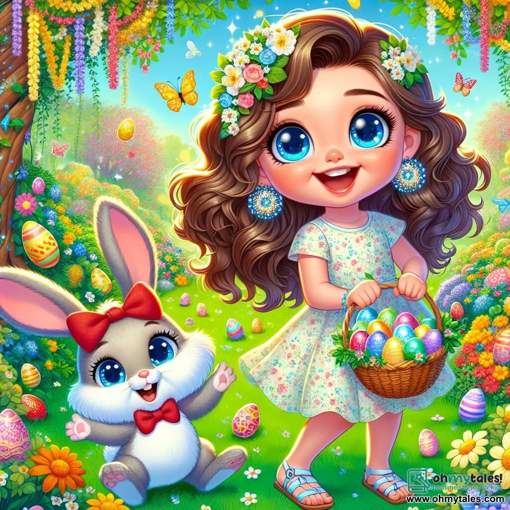 A 10-year-old girl named Lily, with sparkling blue eyes and curly brown hair, joyfully smiles while holding a basket filled with colorful eggs. She wears a light floral dress and sandals, positioned at the center of the image, surrounded by magic and vibrant colors. Next to her is an adorable little rabbit named Mr. Fluffington, with soft, fluffy fur and a red bow tie, happily hopping with his large ears perked up, seemingly encouraging Lily in her quest. In the background, the garden is a true spring tableau, with bright flowers, trees adorned with colorful garlands, and a sunny blue sky. Butterflies flutter around, adding a touch of magic to the scene. The main focus shows Lily and Mr. Fluffington in the midst of an Easter egg hunt, with sparkling eggs hidden among the flowers and bushes. The atmosphere is joyful and festive, filled with laughter and discoveries.