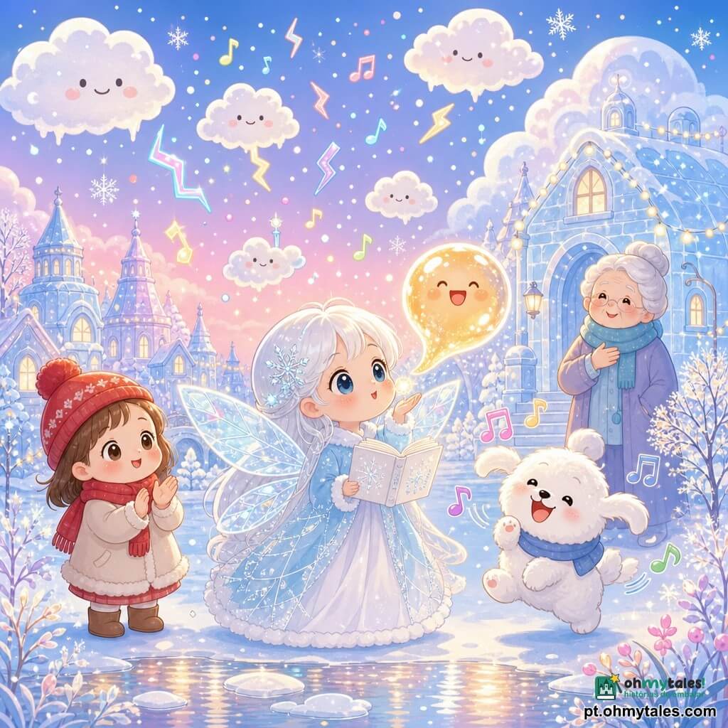 A fada Liri, pequena fada do frio de rosto redondo, olhos brilhantes e cabelos brancos como neve em mechas finas, com asas translúcidas de cristal, sorri serena e soprando uma bolha dourada de riso ao céu enquanto segura um pequeno livro branco aberto que emite desenhos luminosos; à esquerda, uma menina de cerca de 7 anos de bochechas rubras e gorro vermelho olha maravilhada e bate palmas, à direita um cão de neve fofo e branco pula emitindo pequenas notas musicais visíveis como traços coloridos, e ao fundo uma senhora da aldeia de cerca de 70 anos com cachecol azul está junto a uma casa de gelo sorrindo e pousando a mão no coração; a cena passa-se num vilarejo nevado ao crepúsculo — casas de gelo de telhados arredondados, árvores cobertas de geada, um rio prateado parcialmente congelado que reflete guirlandas de luz e nuvens fofas — enquanto Liri acalma uma tempestade mágica: nuvens se arredondam e sorriem, relâmpagos se transformam em notas coloridas, flocos caem como confetes, criando uma atmosfera calorosa e luminosa apesar da neve.