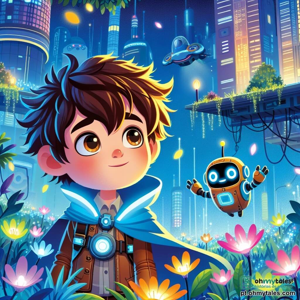 Um menino de 6 anos, Lucas, com cabelos castanhos bagunçados e olhos brilhando de curiosidade, está em um jardim futurista, seu rosto iluminado pelo espanto. Ele veste uma capa de exploração azul que flutua levemente atrás dele. Ao seu lado, um pequeno robô de formas arredondadas, com luzes piscantes e um sorriso amigável, cava um buraco perto de flores fosforescentes que brilham no escuro. O jardim está suspenso no ar, cercado por edifícios de fachadas cintilantes e carros voadores que deslizam em um céu azul radiante. Lucas se aproxima do robô, intrigado, enquanto pétalas luminosas caem suavemente ao seu redor, criando uma atmosfera mágica e misteriosa.