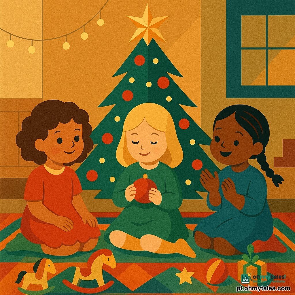 Há 3 personagens: Lia, de 2 anos, com cabelos castanhos cacheados, meias verdes e vestido vermelho, sentada no tapete perto da árvore de Natal. Bia, de 2 anos, com cabelos loiros lisos, meias douradas e vestido verde, sentada ao lado de Lia, segurando uma bola de Natal. Ju, de 2 anos, com cabelos pretos em pequenas tranças, meias vermelhas e vestido azul, sentada ao lado de Bia, aplaudindo alegremente. O local é uma sala acolhedora com um grande tapete colorido no centro. No canto, há uma árvore de Natal decorada com bolas vermelhas e uma estrela brilhante no topo. Luzes piscam suavemente ao redor da árvore. A cena principal mostra as três meninas sentadas juntas no tapete, cercadas de brinquedos e decorações natalinas, olhando maravilhadas para as luzes piscantes da árvore, com sorrisos radiantes em seus rostos. Uma atmosfera de festa e magia de Natal preenche a sala.