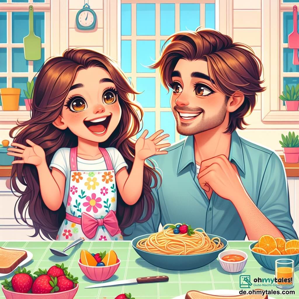 Ein 8-jähriges Mädchen, Mia, mit langen braunen Haaren und strahlenden Augen, steht vor einem bunten Tisch, lächelnd und voller Begeisterung. Sie trägt eine blumengemusterte Schürze und hält einen Spatel in einer Hand, bereit, ein spezielles Frühstück für ihren Papa zu servieren. Neben ihr sitzt ihr Papa, ein etwa 35-jähriger Mann mit braunen Haaren und einem leichten Bart, der seine Tochter bewundernd und liebevoll ansieht, mit einem warmen Lächeln im Gesicht. Die Szene spielt sich in einer hellen und einladenden Küche ab, mit pastellgelben Wänden, Fenstern, die Sonnenlicht hereinlassen, und bunten Küchenutensilien an der Wand. Auf dem Tisch ist ein Festmahl aus Spaghetti, frischen Früchten und geröstetem Brot liebevoll angerichtet. Mia kündigt aufgeregt die Überraschung an, die sie für den Vatertag vorbereitet hat, während ihr Papa, gerührt, sie mit bewunderndem Blick ermutigt.