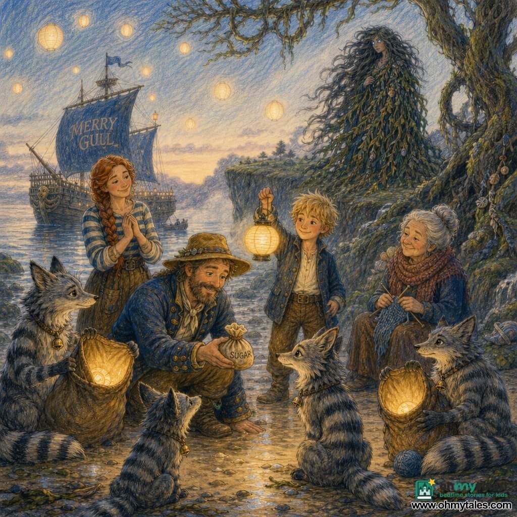 The main character is Captain Milo Tipple, a gentle-smiling, loving-eyed man in a weathered wide-brimmed hat and blue jacket with gold buttons, kneeling on wet sand offering a small sugar pouch as an offering, warm-faced and bright-eyed; behind him stands First Mate Bea, ~30, auburn braided hair and striped shirt, hands clasped, proud and encouraging; beside Milo is Finn, ~12, tousled blond hair and simple jacket, holding a rescued lantern aloft, brave and smiling; Old Jo, ~65, gray hair in a bun and knitted scarf, sits on a stump with knitting needles, tender and content; a group of striped, bell‑tailed Storm Foxes—some around Milo, others holding open sacks with glowing lanterns—are shy and curious; the Storm Hag, tall and mysterious with cloudlike dark hair and a coat of kelp, stands at the fogline on a cliff, imposing but hesitant, eyes faintly glowing; the setting is a small misty island with wet sand, mossy rocks, twisted lichen-covered trees, a low cliff over calm sea, low floating lanterns like small moons, and the blue-sailed ship Merry Gull anchored in the background; the scene shows reconciliation as Milo offers sugar and reaches toward the foxes while Finn raises the rescued lantern, Bea and Old Jo smile, the Storm Hag watches from the fog, lanterns regaining their light—soft mood, warm colors, visible pencil textures and gentle outlines.